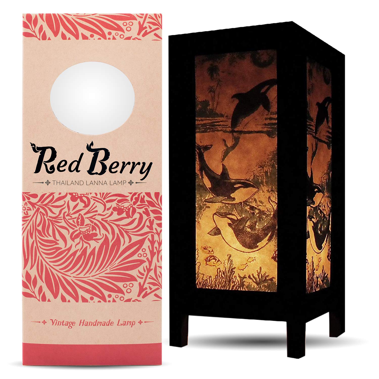 Red Berry Thailand Lanna Lamp - Japanese Bedside Lamp, Asian Decorative Table Lamp, Red Paper Design, Perfect For Nightstands