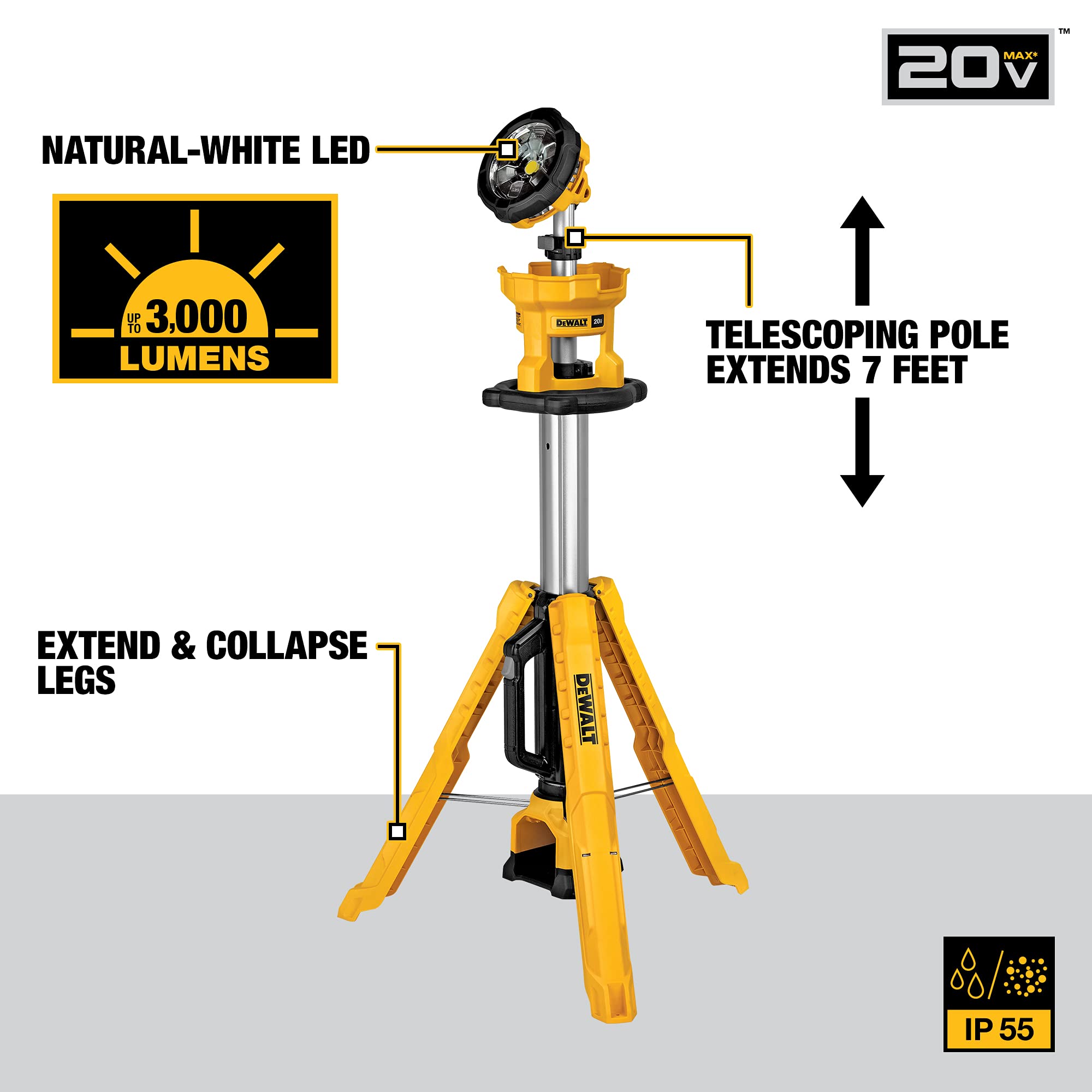 DEWALT 20V MAX Cordless LED Work Light with Tripod, Battery & Charger, Model DCL079R1, Multicolor, One Size