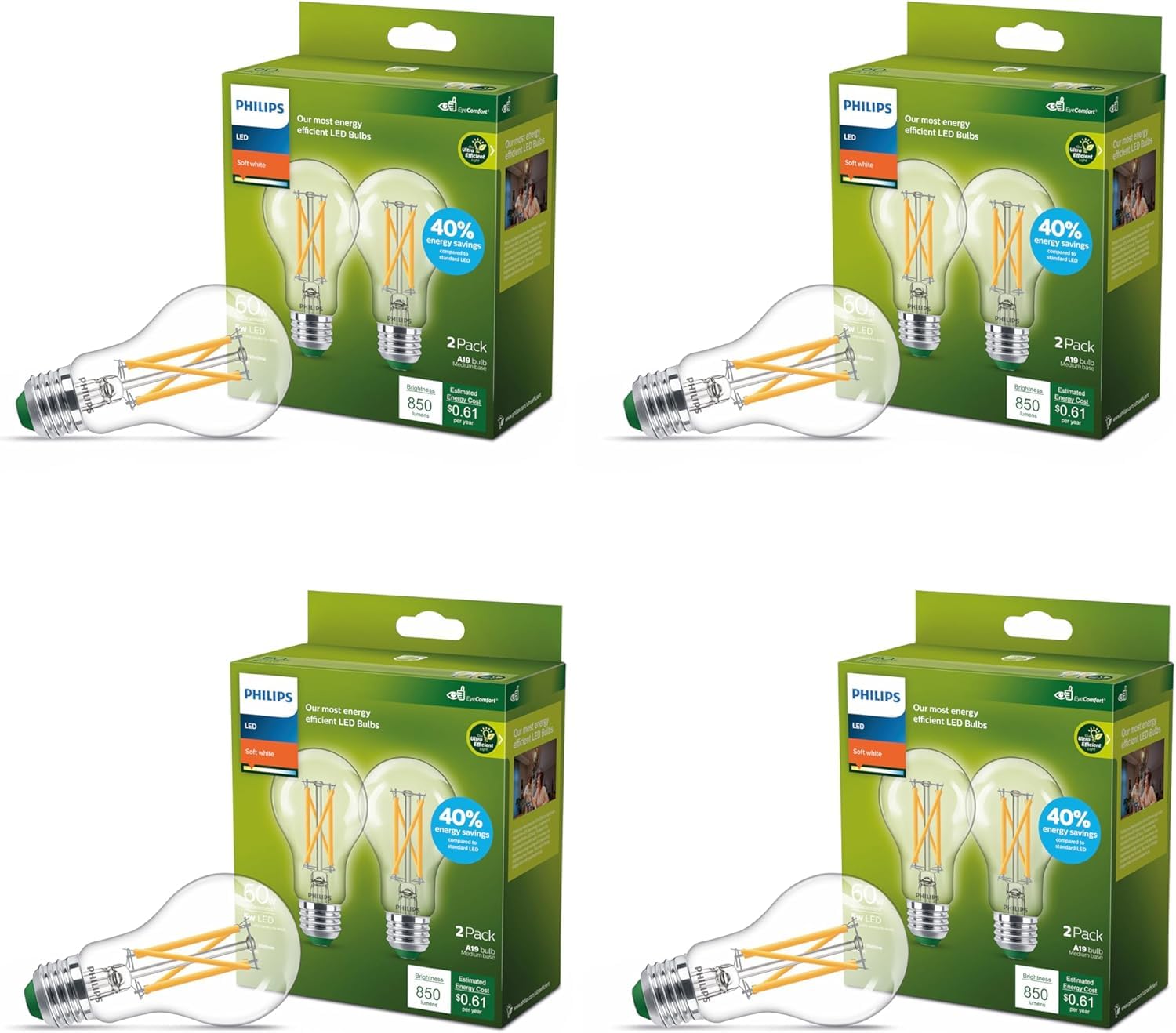 PHILIPS LED 60W A19 8-Pack Ultra Efficient Soft White (2700K) 850 Lumen (5W = 60W) Clear Flicker-Free Light Bulbs