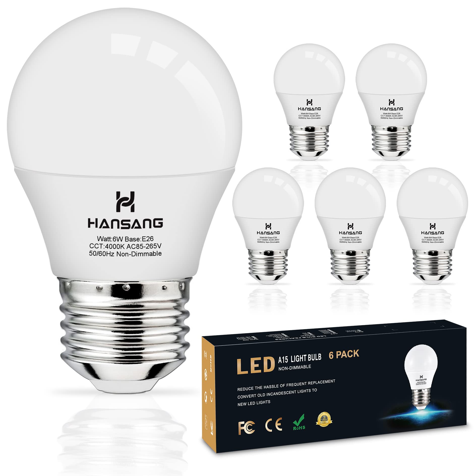 Hansang E26 Ceiling Fan Light Bulbs, 4000K Natural Daylight, 60 Watts Equivalent, A15 Led Small Light Bulb, E26 Standard Base Re