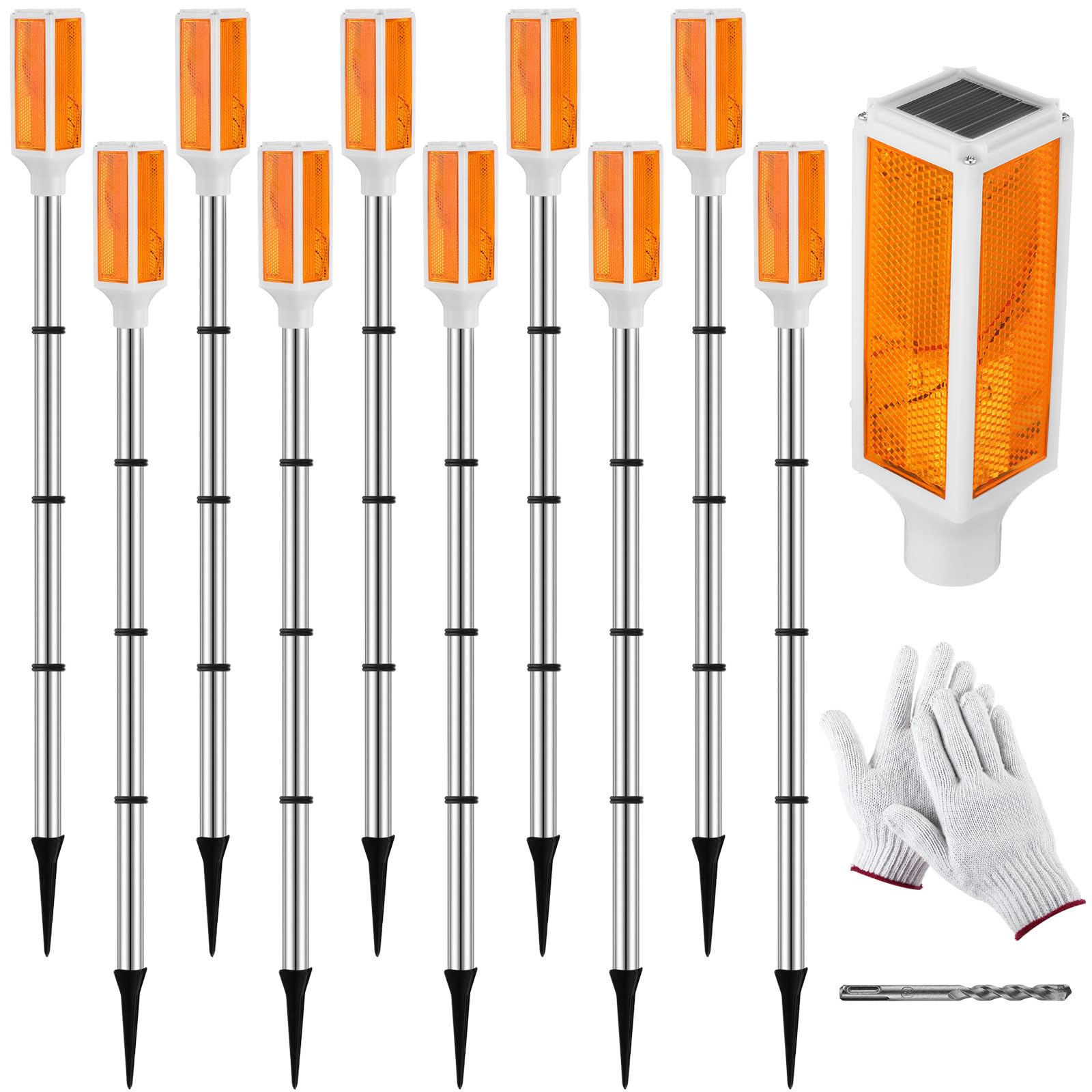 Baquler 10 Pcs Solar Powered Driveway Markers Reflective Driveway Lights Landscape Reflectors with Drill Bit Gloves for Snow Roa