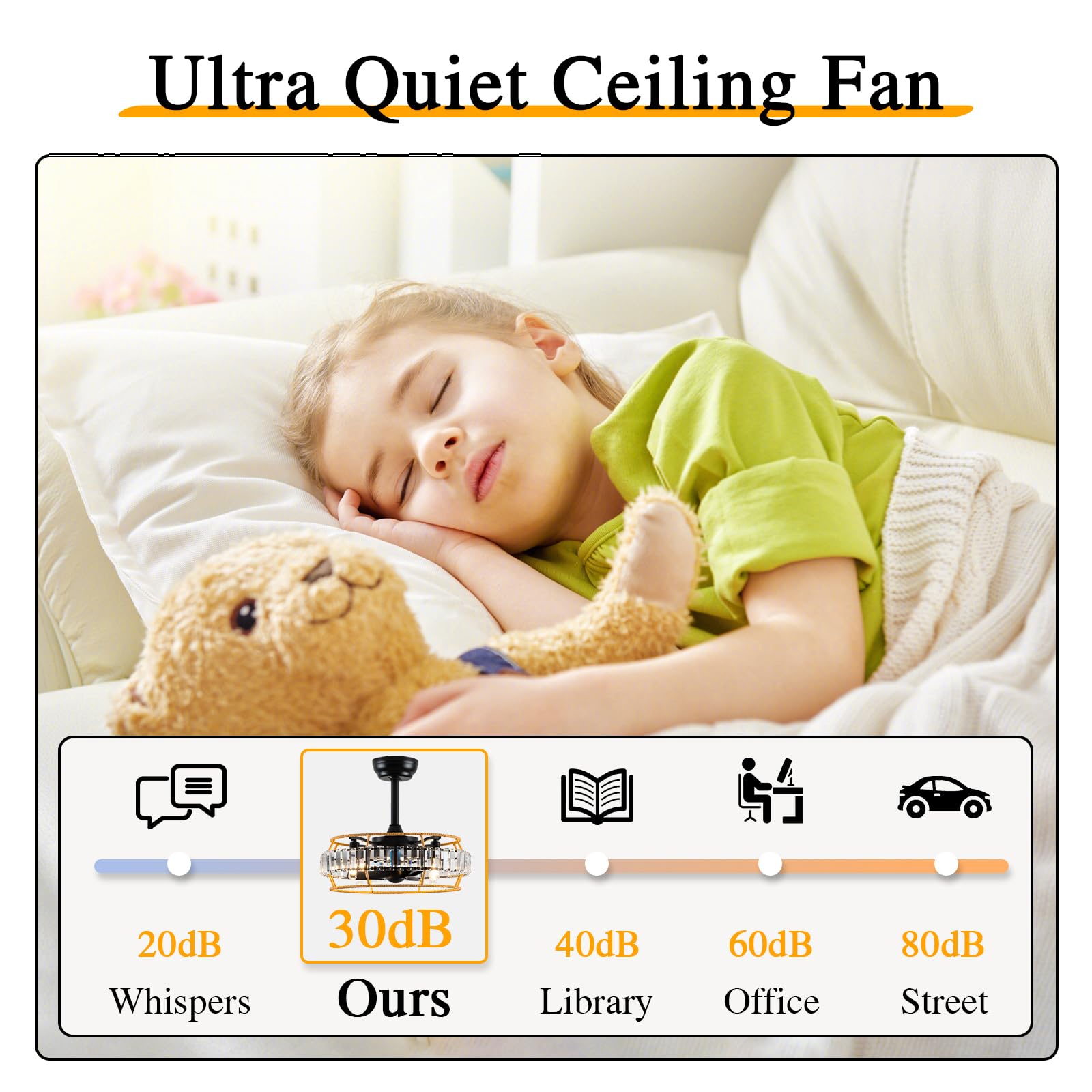 18 Low Profile Ceiling Fan with Light and Remote, Flush Mount Crystal Fan for Low Ceilings, 6-Speed Silent DC Motor, Easy to Ins