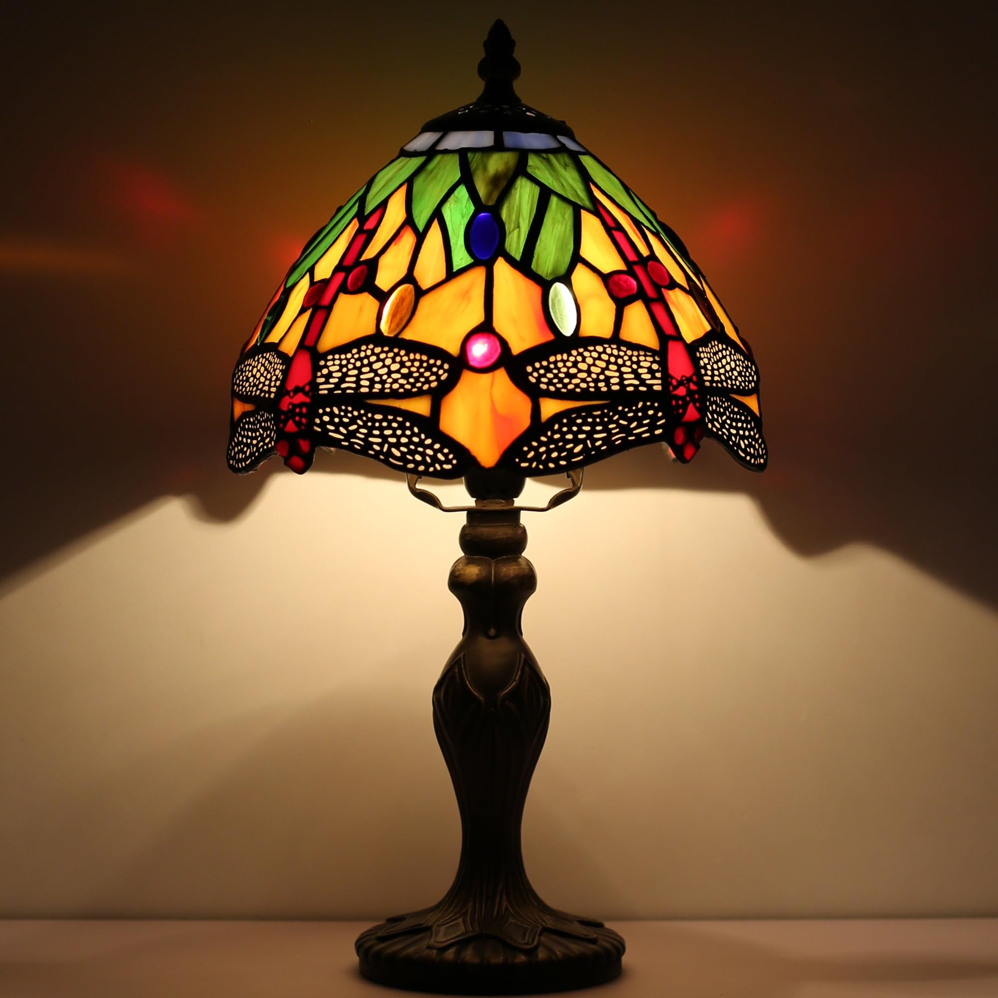 LUSTIX Tiffany Style Lamp Stained Glass Table Lamp 8 x 14.5 Mini Accent Light Yellow Dragonfly Design Small Decorative Bedside Reading Memory Lamp