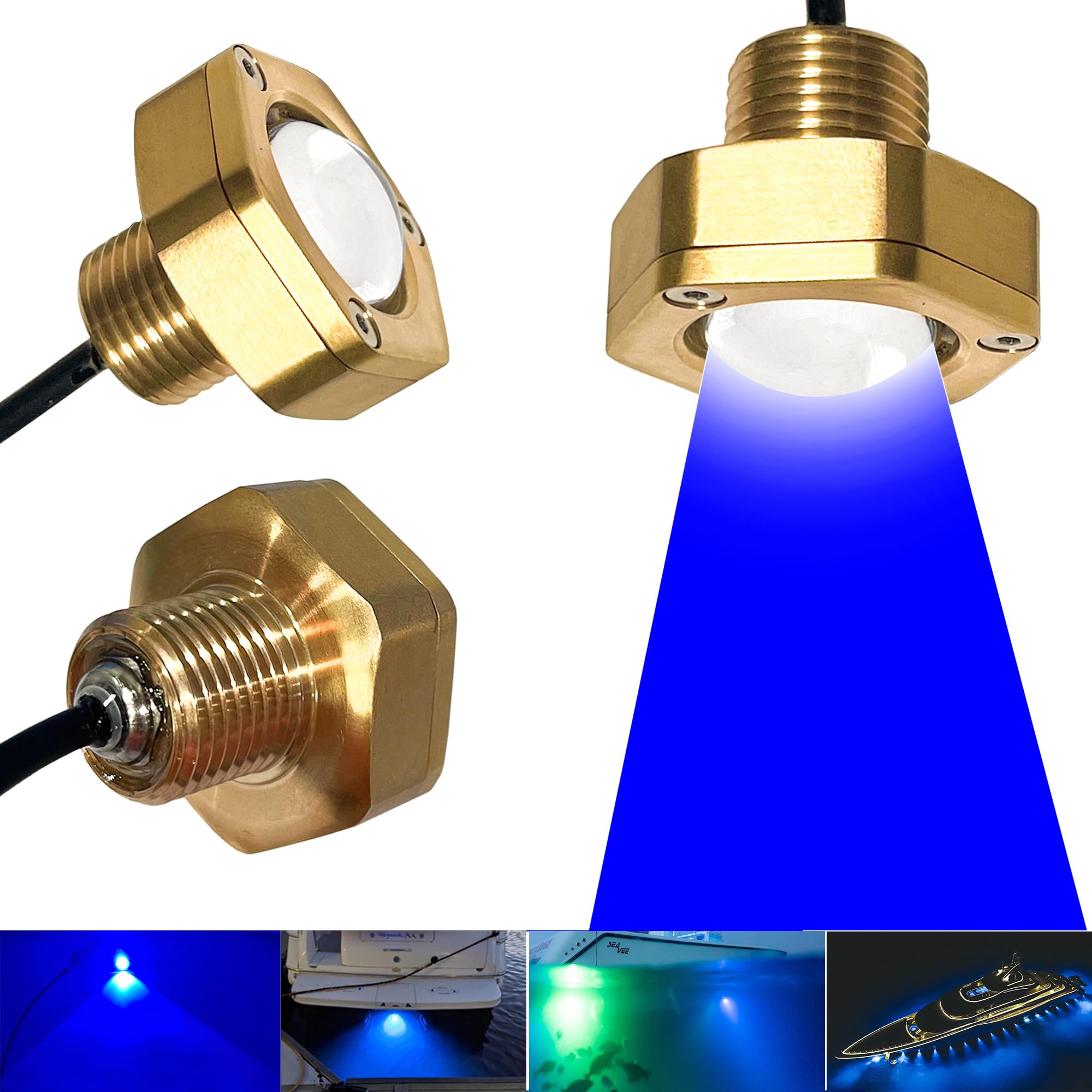 Kingshowstar Boat Drain Plug LED Light, 2Pcs 1/2in NPT, Blue, Corrosion Resistance Bronze Housing, RF Remote Control, 40W, 4100LM