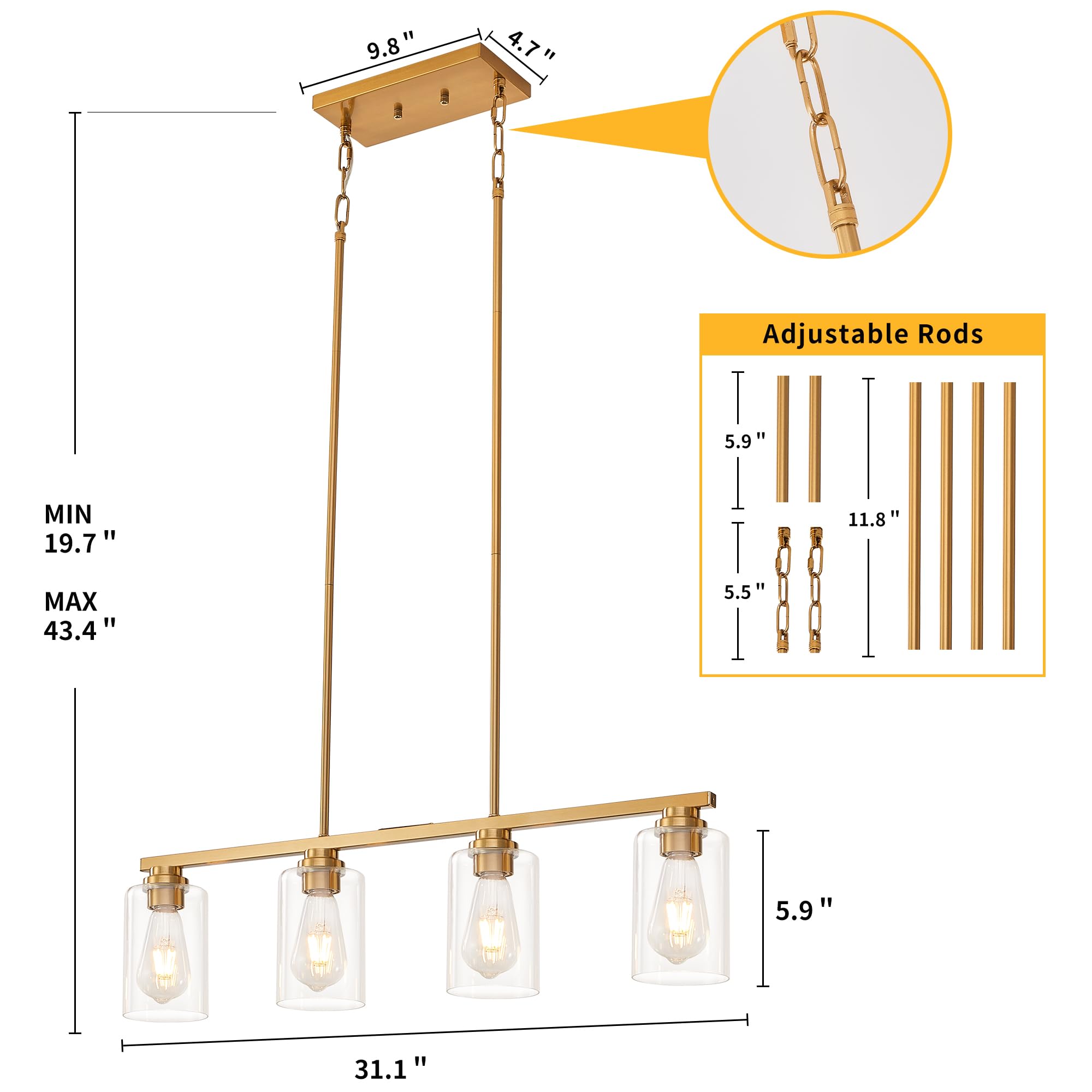 Mecgirn 4-Light Linear Chandelier Pendant - Brushed Gold Metal Light Fixture for Kitchen Island & Dining Room, Model D0017-4-G