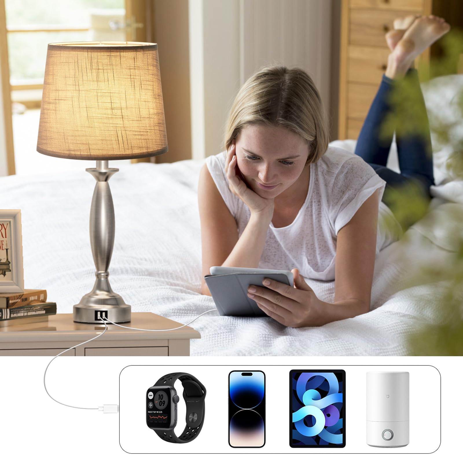 Seealle Touch Bedside Lamps Set of 2 - 3 Way Dimmable, USB Ports, 22.5in Brushed Nickel, Mottled Gray Shade