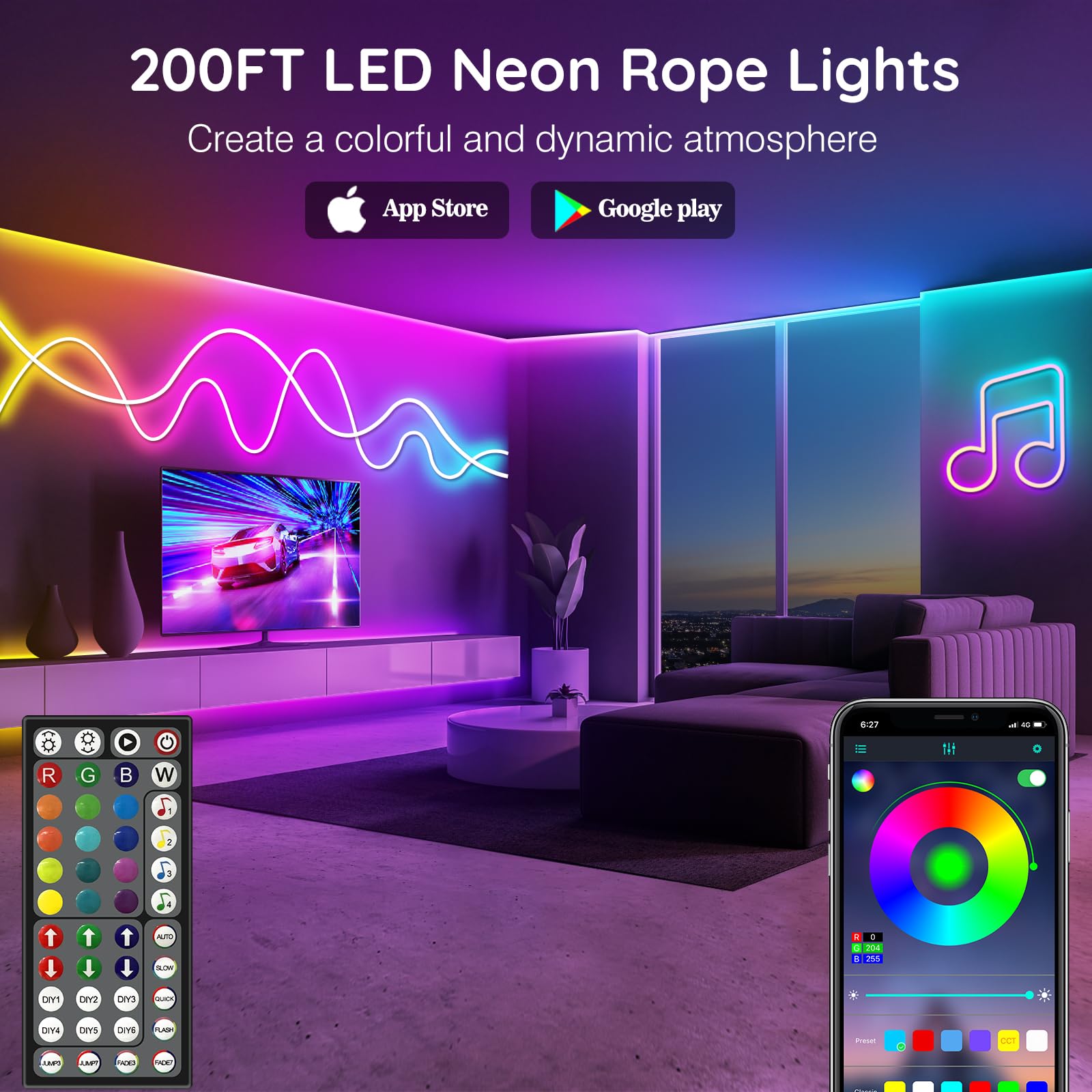 LETIANPAI 200FT Neon Rope Lights - RGB Waterproof LED Strip with App/Remote Control, Music Sync, Flexible for Outdoor/Indoor Decor
