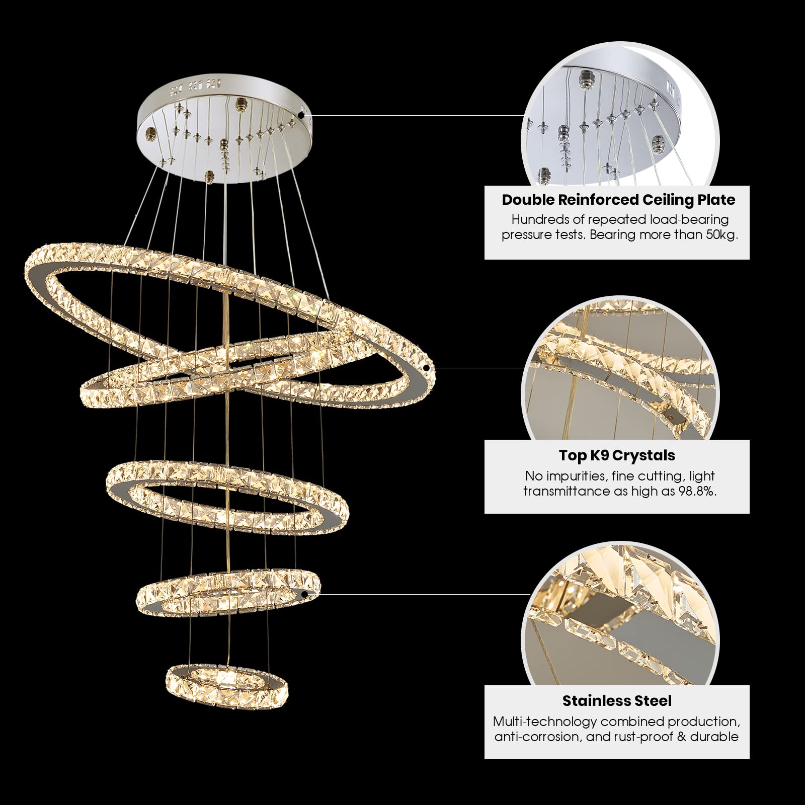 Siljoy Modern Crystal Chandelier Pendant Light Fixture, 5 Rings, Adjustable, Gold, D8in-12in-16in-20in-24in, for High Ceilings, Dining Room, Foyer