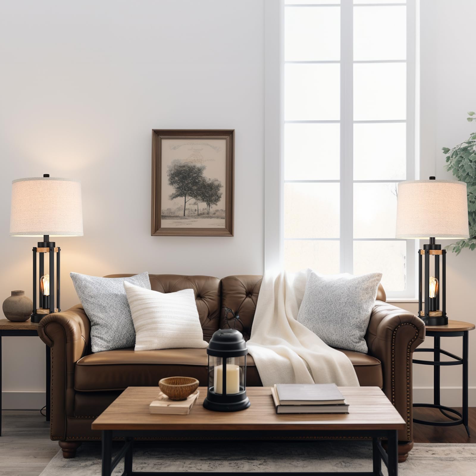 Altgedecor Farmhouse Table Lamps For Living Room Set Of 2, 26    Rustic Beside Lamps With Usb Charging Ports And Night Light, Be