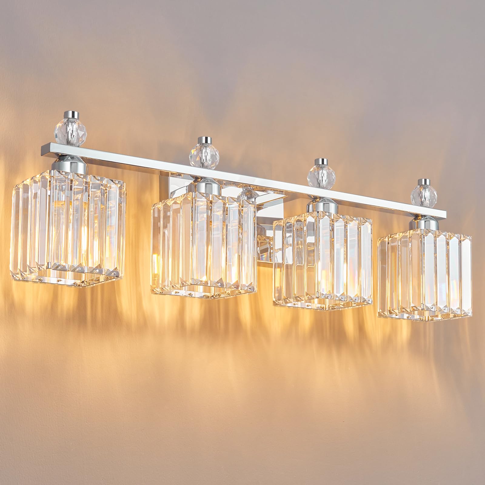 FDPBY 4-Light Crystal Vanity Light Fixtures, Chrome Square, Model 290, Metal Bathroom Lighting Over Mirror