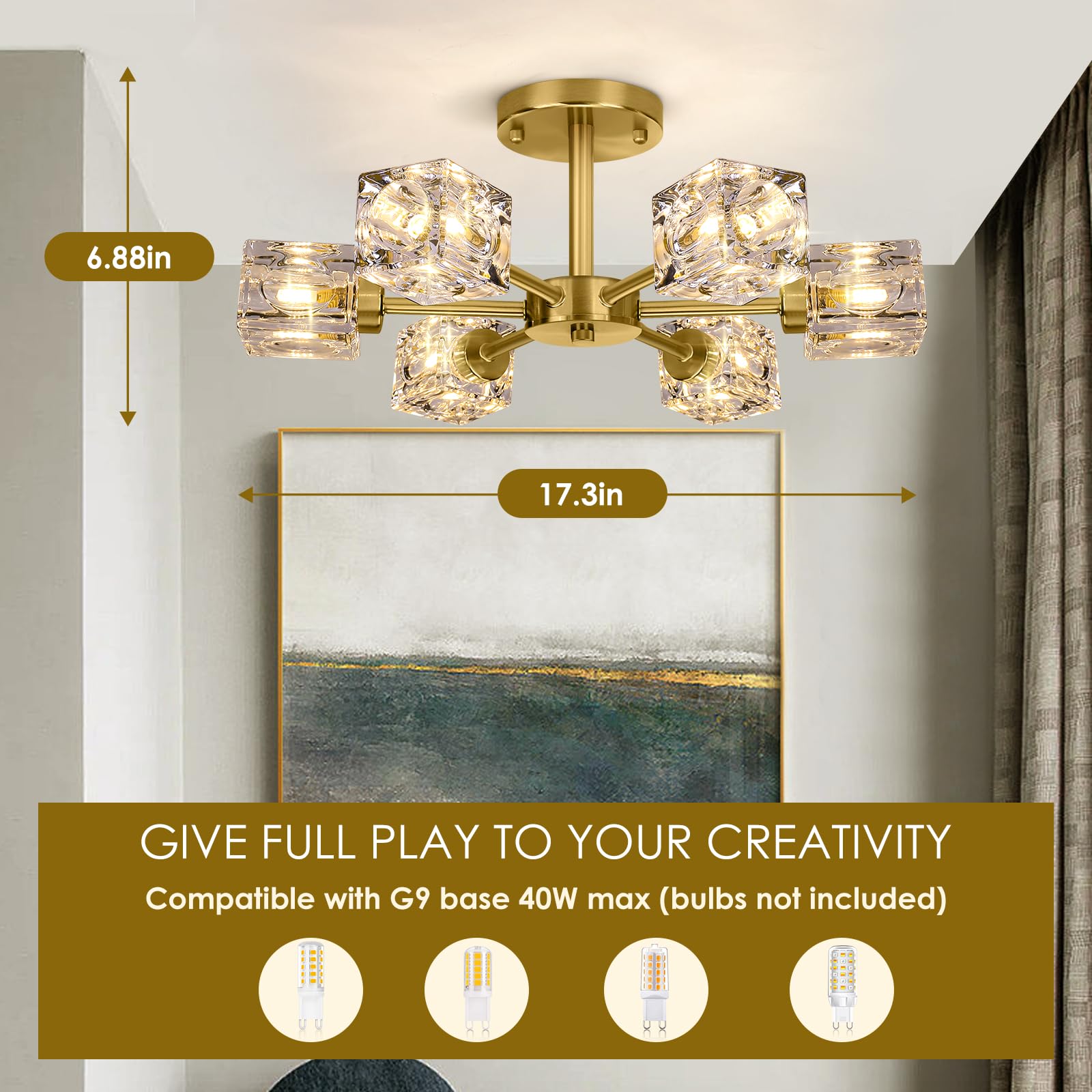 Modern Crystal Chandelier, 6-Light Gold Flush Mount Ceiling Light, 17.3'' Sputnik Chandelier Light Fixture With K9 Crystal Shade