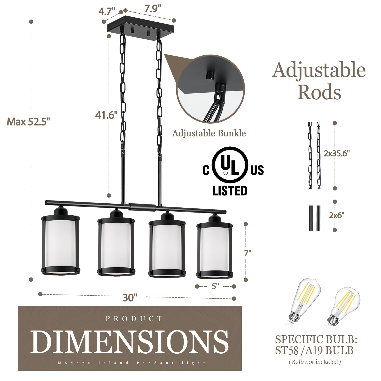 Osimir 4-Light Linear Kitchen Island Lighting - Black Frosted Glass Chandelier, Model OS-3014-4ISBKW