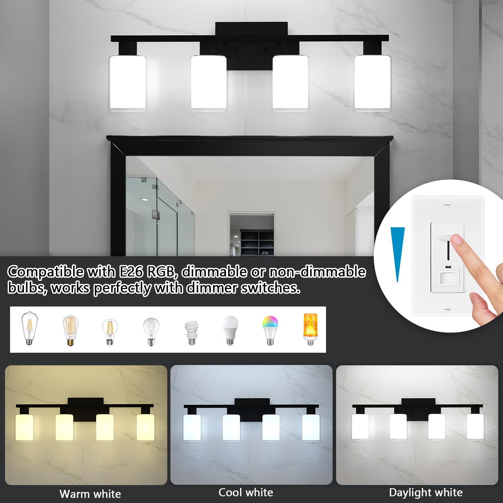 Zhizenl Bathroom Light Fixtures Over Mirror, 4 Lights Matte Black Vanity Lights With White Glass And Clear Glass Lampshade, Modern Black Bathroom Vanity Lights, Bath Wall Sconces Lighting