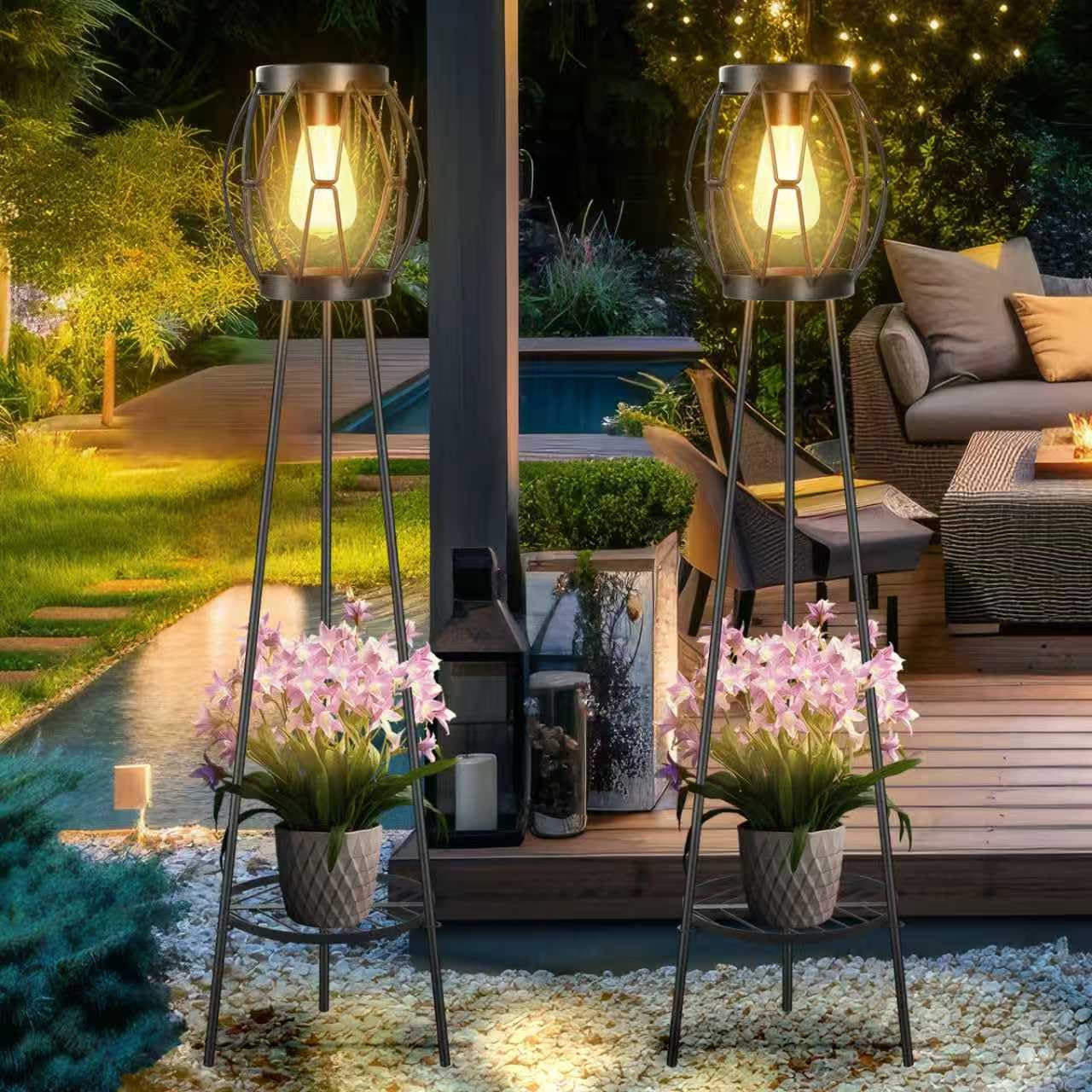 FQIIL 2 Pack Solar Lights Outdoor with Plant Stands, Solar Floor Lamp, Patio Decor for Garden Yard Pathway Driveway Porch