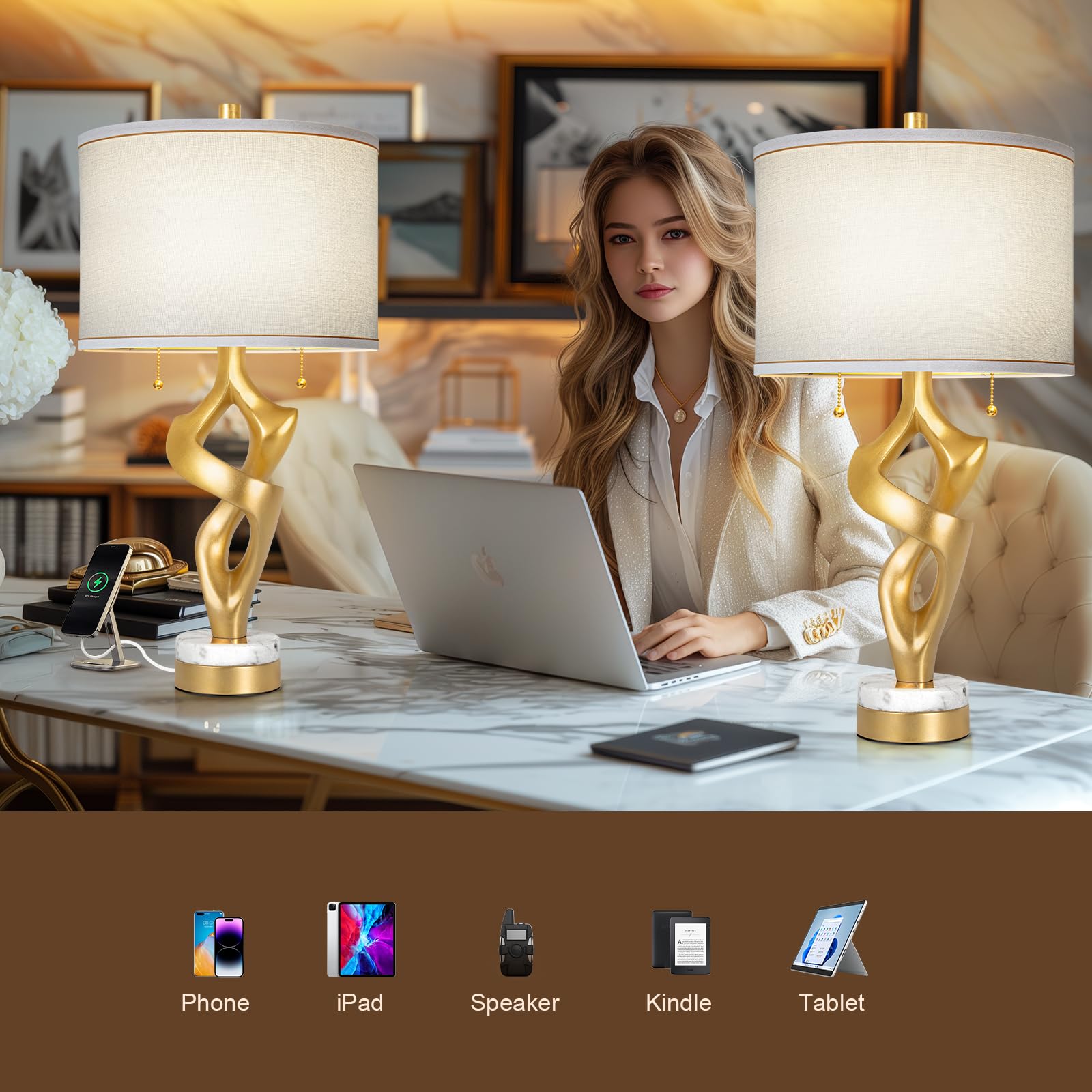 Scenekoy Sculptural Table Lamp Set of 2, Marble Base, USB Ports, Gold Leaf Finish, Modern Design for Living Room, Brown-3, Model 029