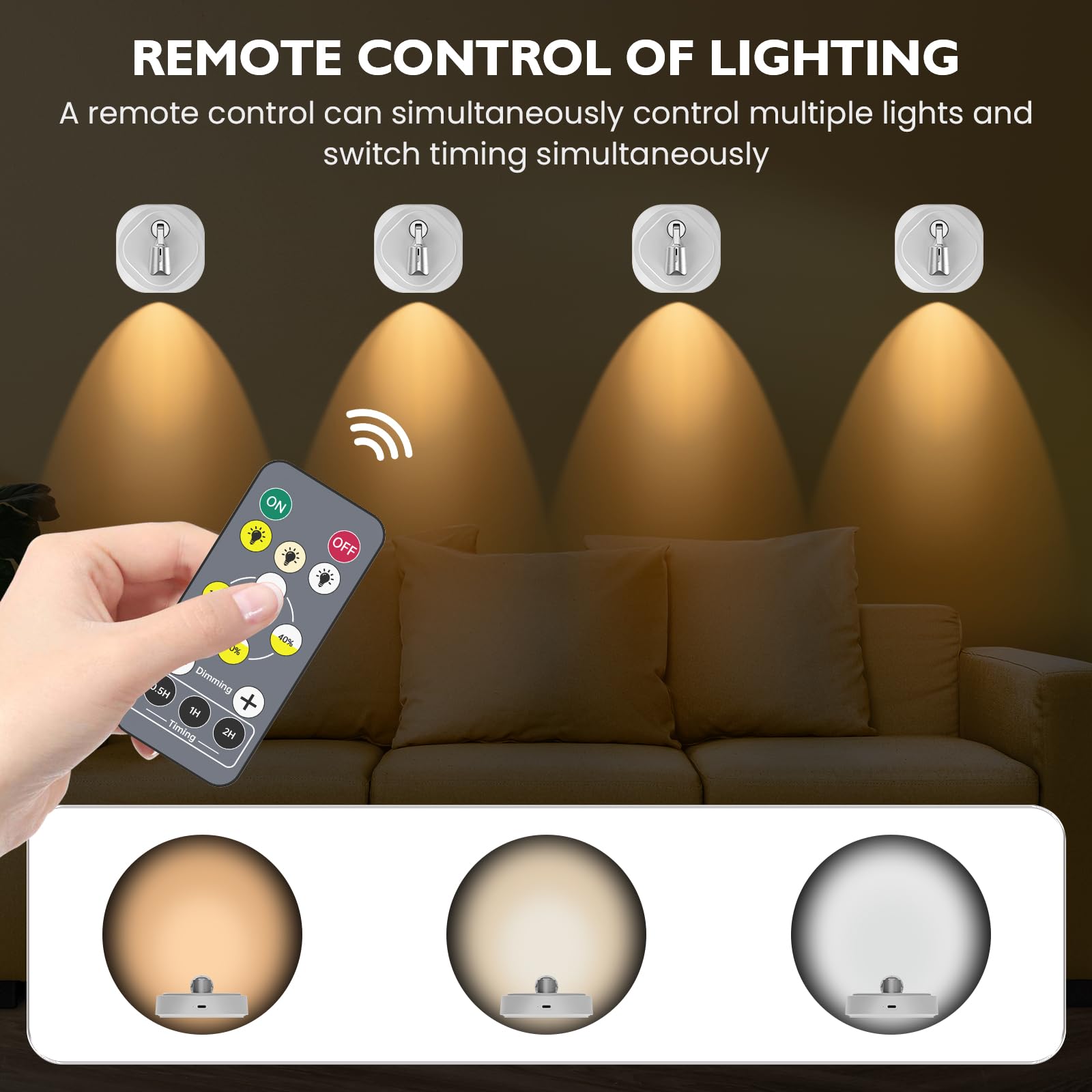 Battery Operated Spot Lights With Remote Wireless Picture Lights, Remotely Dimmable 3000K/4000K/6000K Led Wireless Spotlights For Painting Picture Wall Artwork Photo Portrait Closet Plants, 2 Pack