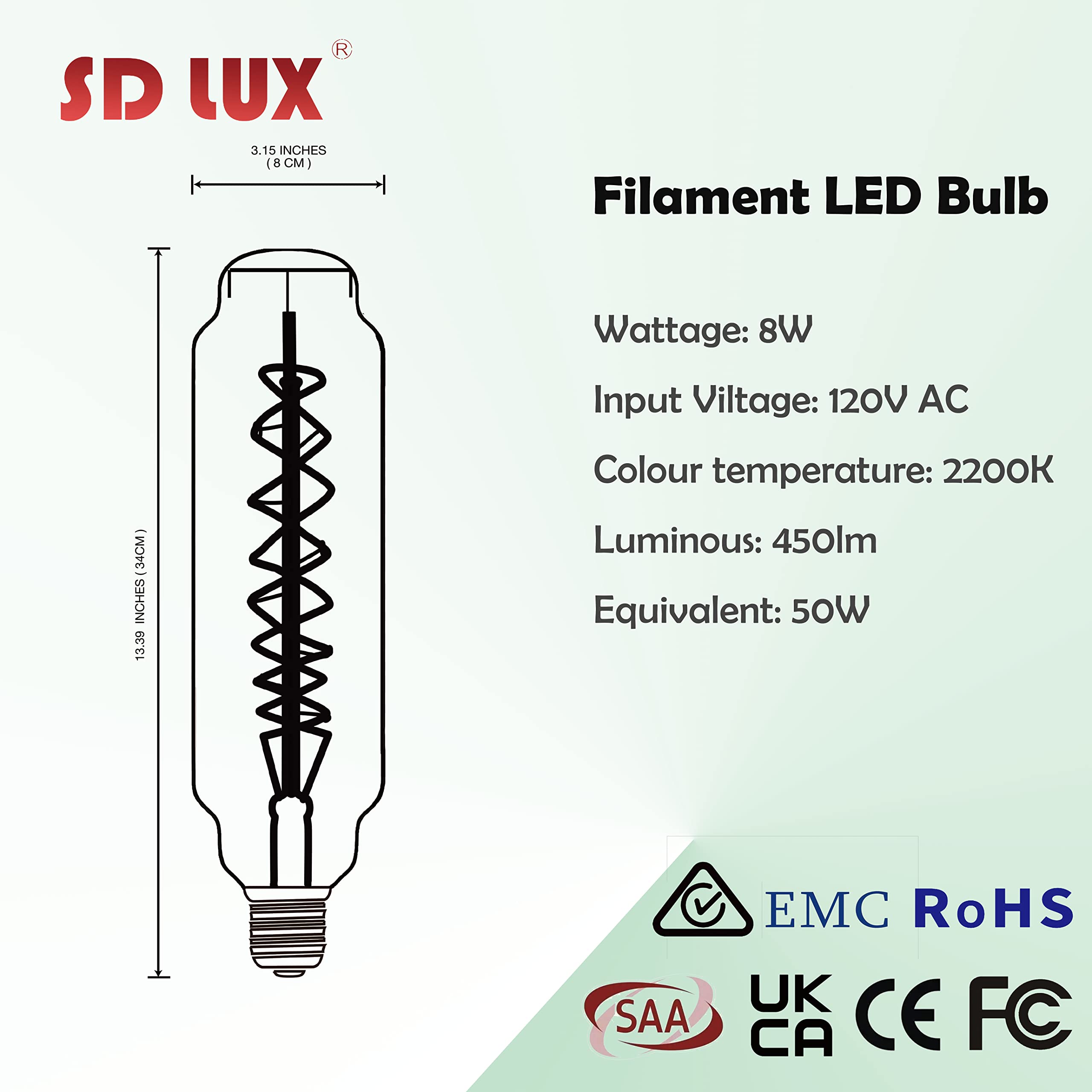 Sd Lux Oversized Vintage Giant Led Light Bulb Huge Edison Bulb - Dimmable, 8W 450Lm (50W Equi), Warm White 2200K, Medium E26 Bas