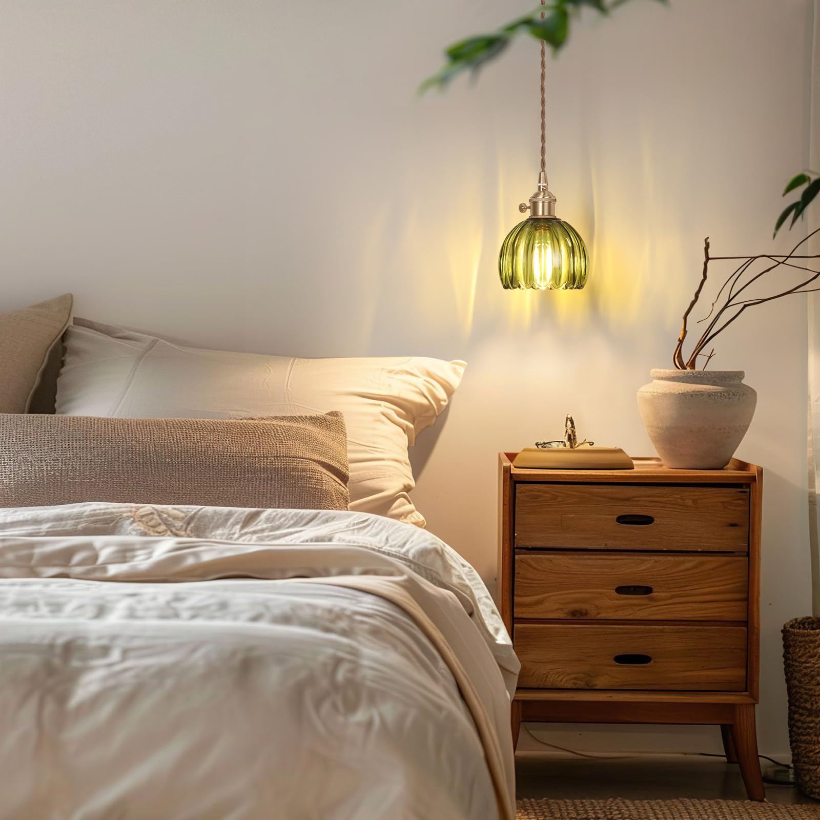 Shenmoyl Mini Pendant Light With Green Tulip Glass Lmapshade, Brass Vintage Pendant Light Adjustable Hanging Light For Kitchen I