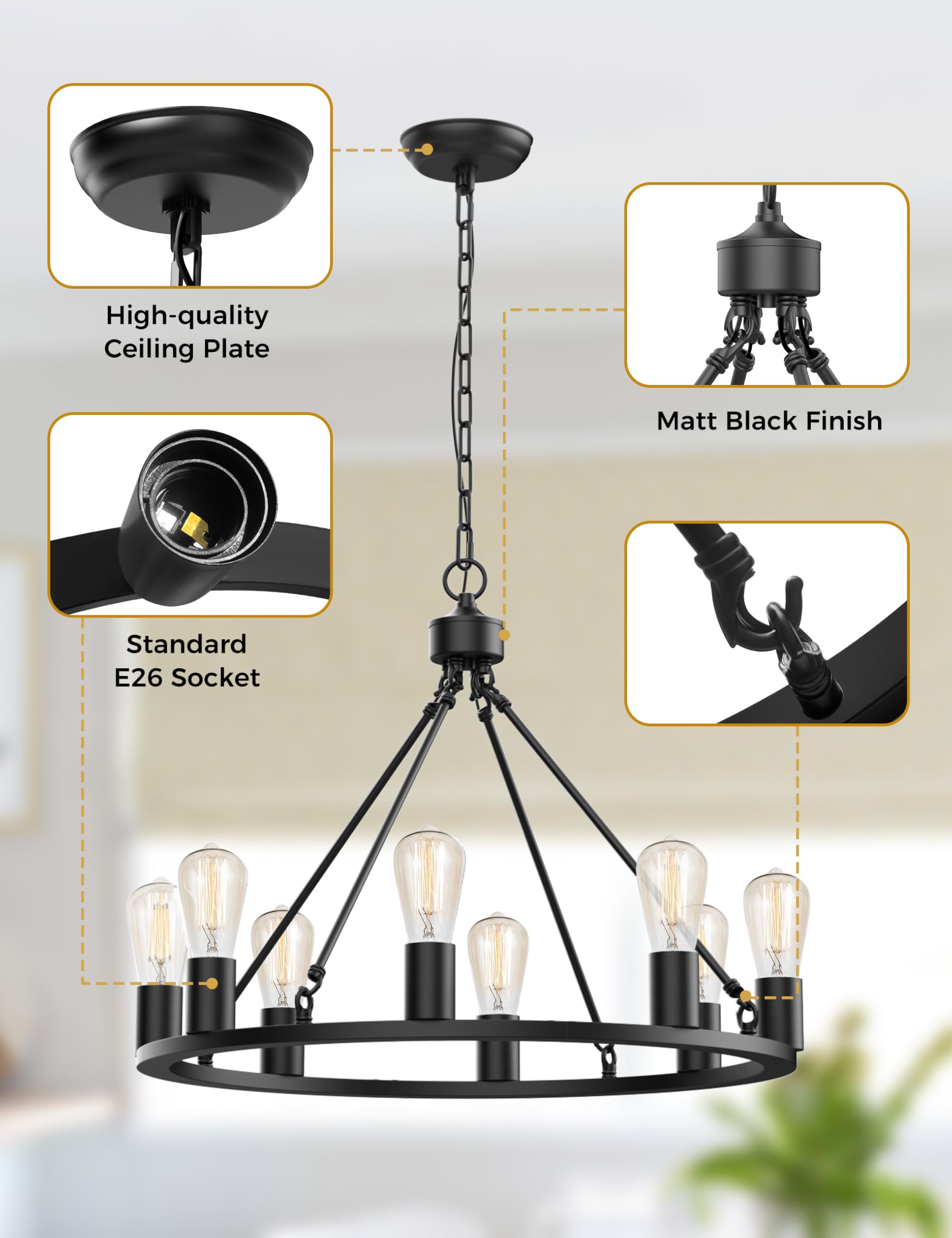 L LOHAS LED 8-Light Black Farmhouse Chandelier, 24" Adjustable Metal Light Fixture for Dining Room and Kitchen Island