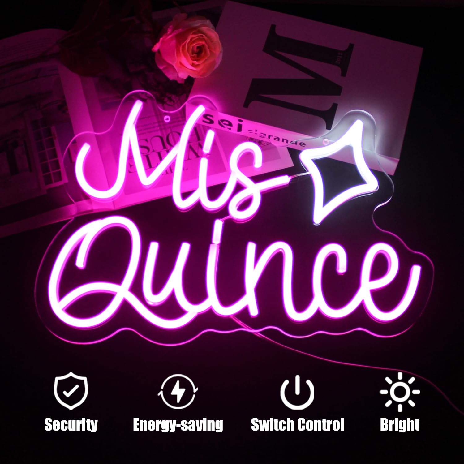 Mis Quince Neon Sign Happy 15th Birthday Neon Signs for Wall Sweet 15 LED Neon Light Sign Pink White Star Neon Lights Letter Neo