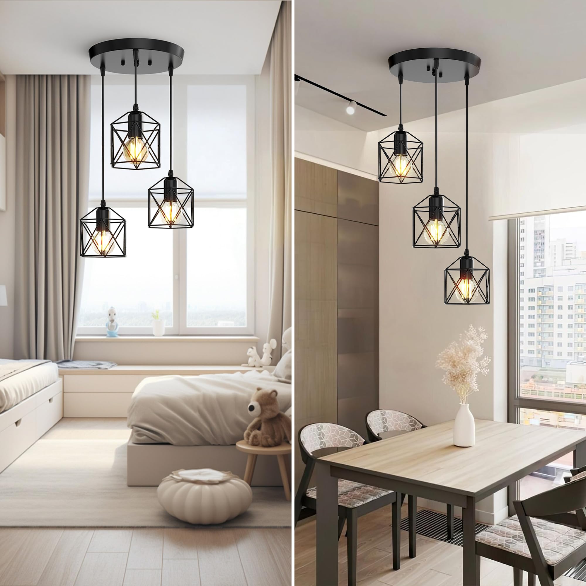 Phaosio 3-Light Pendant Lighting, Adjustable Matte Black Metal Fixture for Kitchen Island & Dining Room, Model Posi06