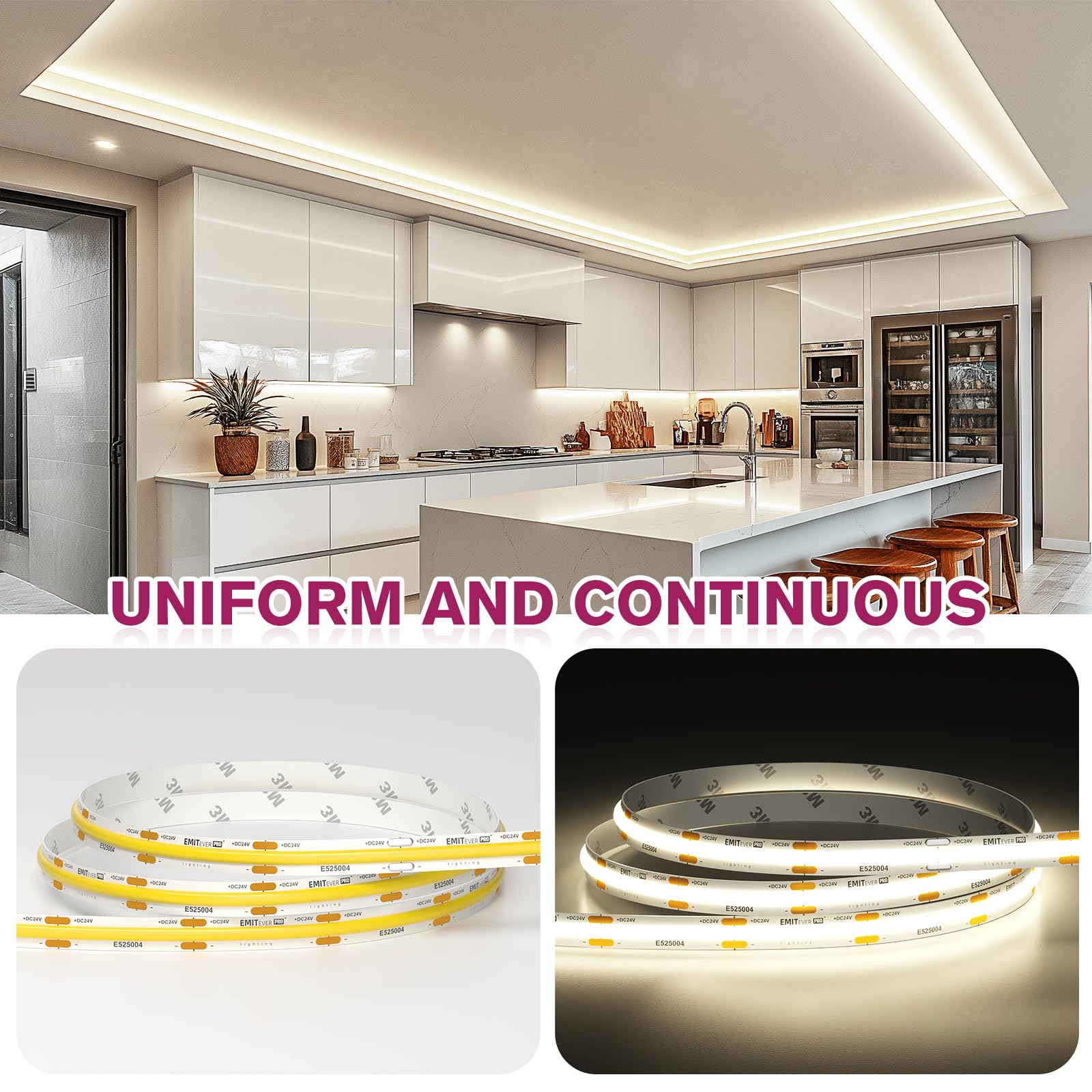 Emitever 16.4Ft Cob Led Strip Lights 4000K, 360+ Lumens, Ul Listed, 256