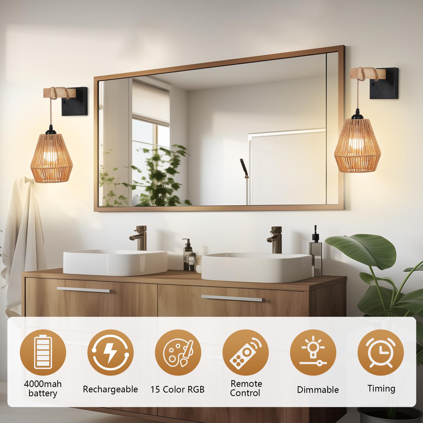 Battery Operated Wall Sconces Set of 2,Rattan wall sconce with Remote Control,Rechargeable Boho Wall Light Dimmable,Farmhouse Wi