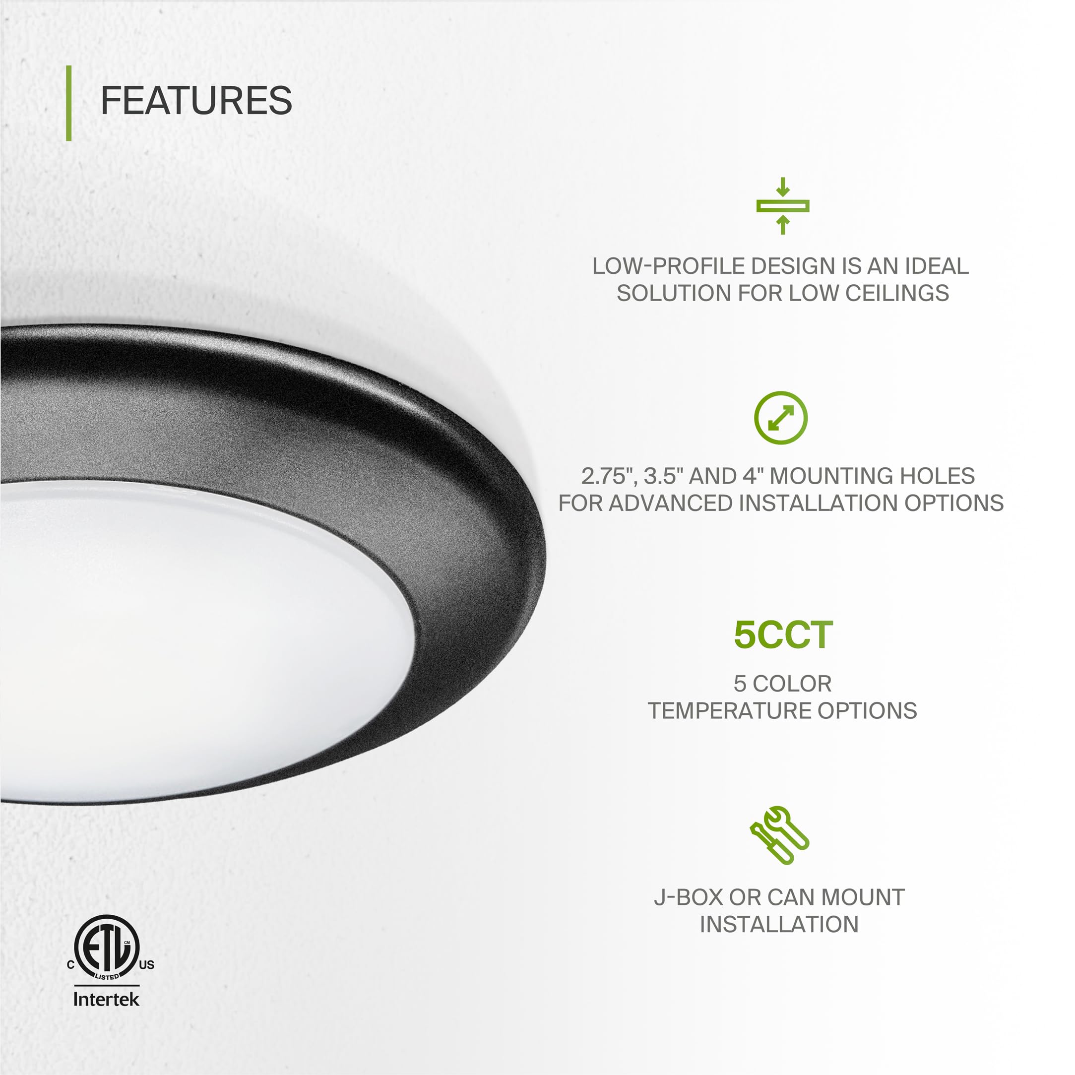 ASD LED Disk Lights 6 Inch 15W 5CCT Dimmable Matte Black Metal Housing Model A-LDS-6D15MB-6p