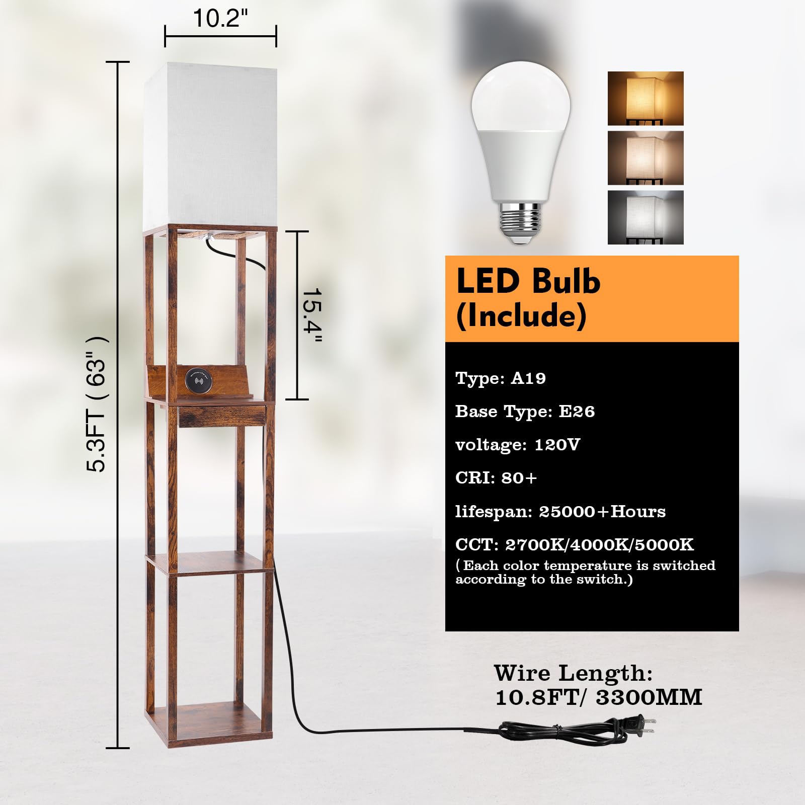 Runtop Floor Lamp With Shelves, Shelf Floor Lamp With Wireless Charger & 2 Charging Usb Ports & Drawer, Ac Outlet, 3 Color Tempe