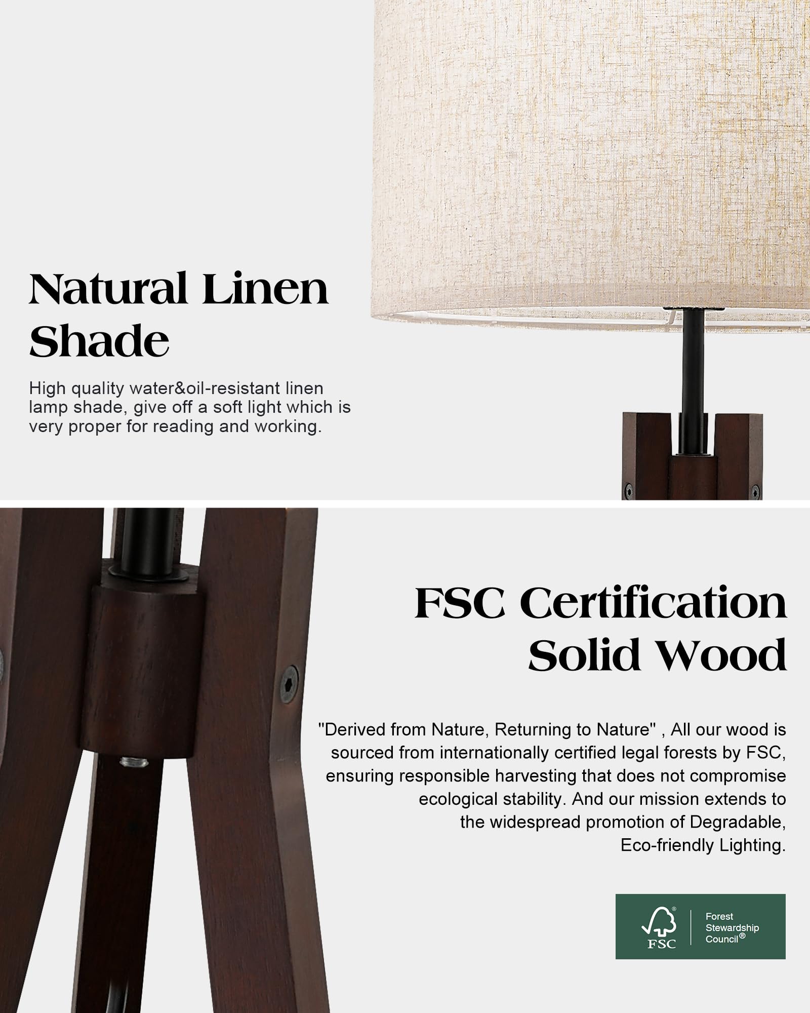 Elyona Wood Tripod Floor Lamp, 3 Color Temperatures, Modern Linen Shade, Walnut, Led Included