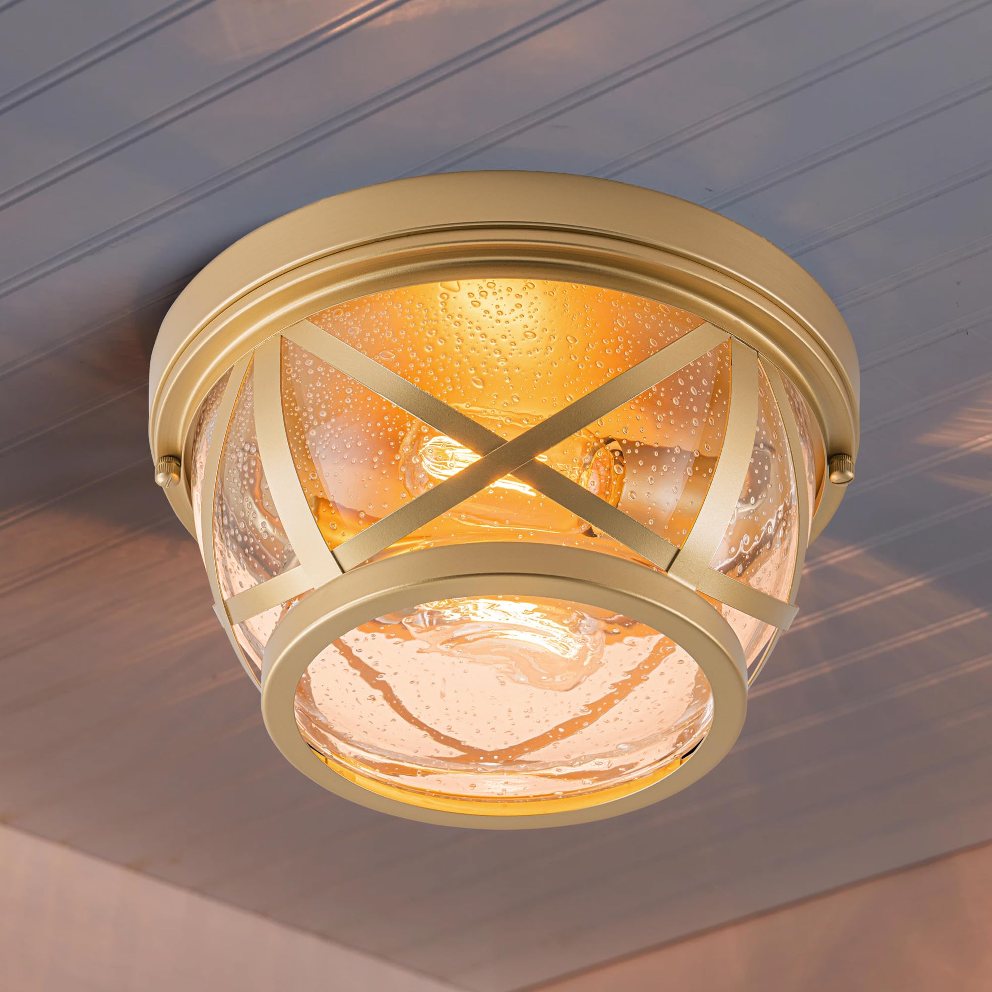 Flush Mount Ceiling Light Fixture Gold, 2-Light Modern Farmhouse Porch Light Ceiling Mount For Outdoor, Indoor Flush Mount Light Fixture For Hallway Foyer Kitchen Bathroom With Seeded Glass