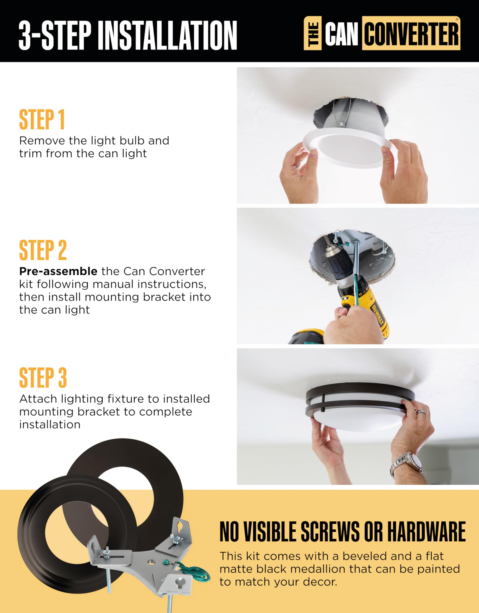 The Can Converter R56 Recessed Light Conversion Kit, 7"¾ Flat Medallion, Matte Black, UL Certified for 5" & 6" Cans, Fan & Light Fixture