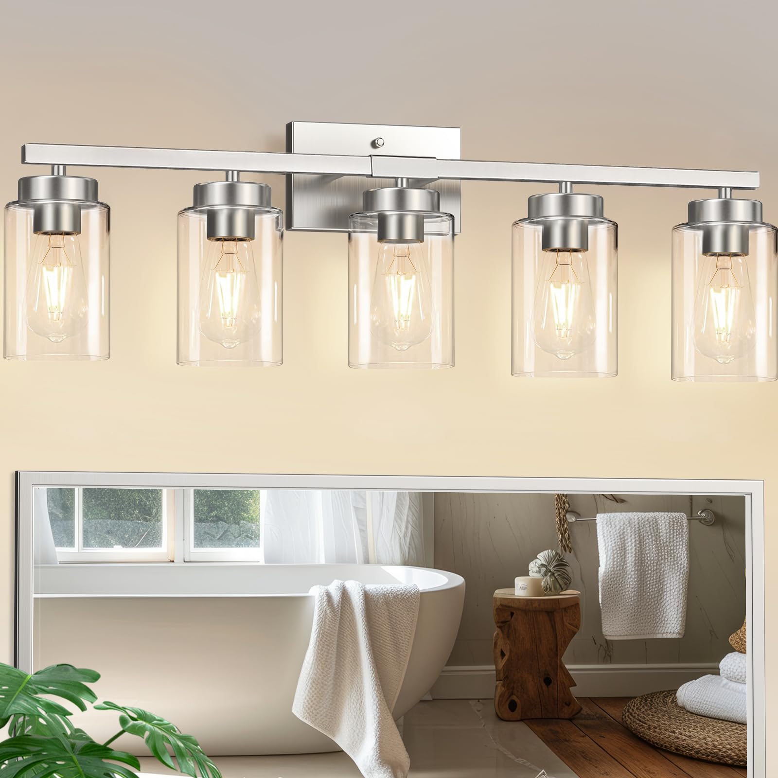 IZORRO Modern Bathroom Light Fixtures, 5 Light Brushed Nickel Vanity Lights, Bathroom Lighting Fixtures Over Mirror with Clear G