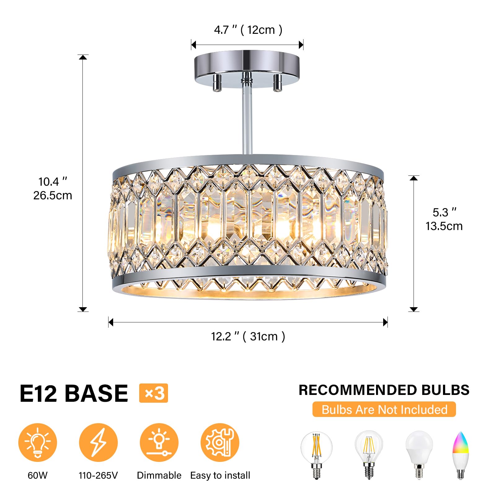 Yurnyq Crystal Ceiling Light Fixture, Modern Semi Flush Mount Ceiling Light, Chrome Lighting Ceiling Chandelier For Kitchen, Bed