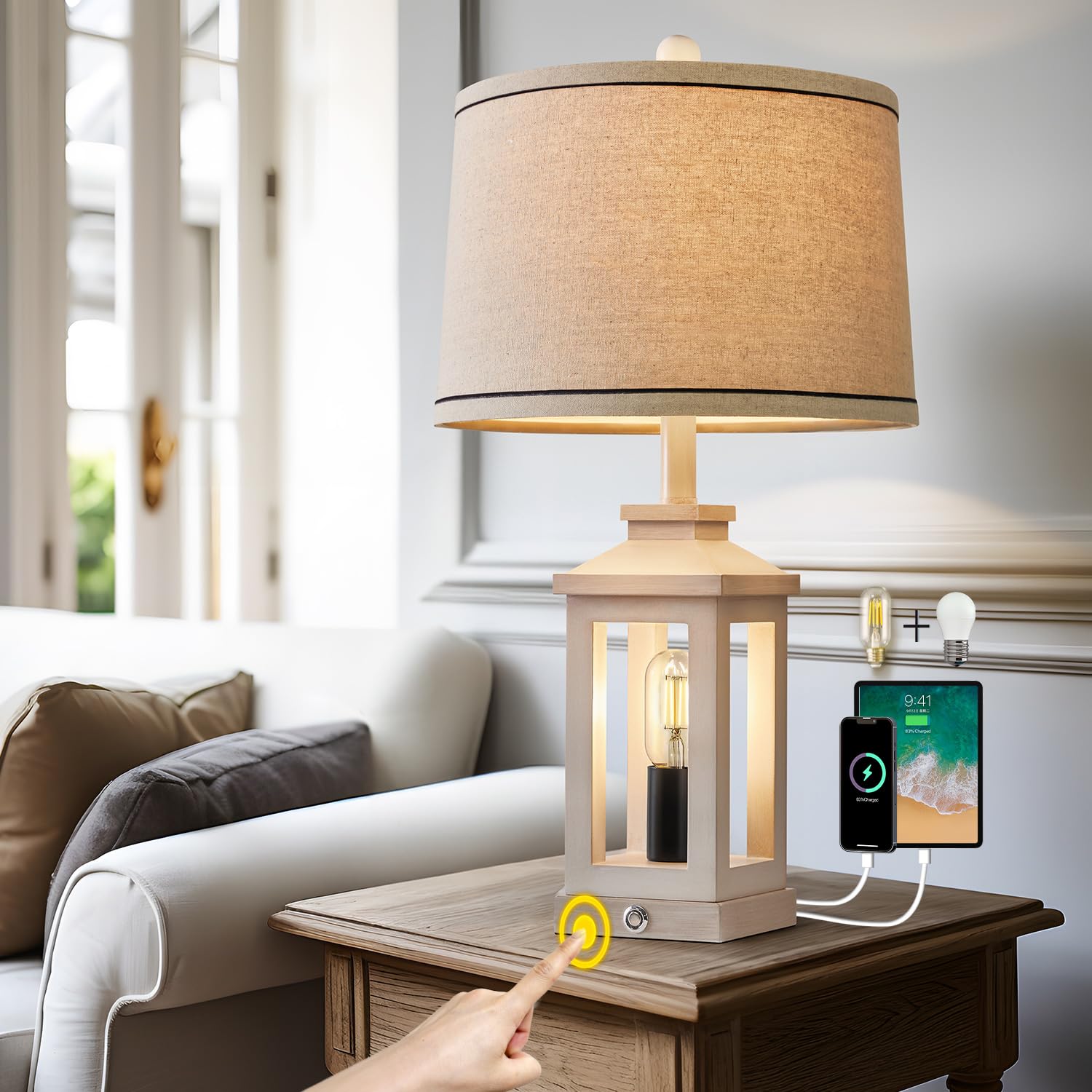 G-SAFAVA 23.75'' Retro Farmhouse USB C+A Ports Table Lamp with 3 Way Dimmable Touch Control White Nightlight Vintage Modern Lamp