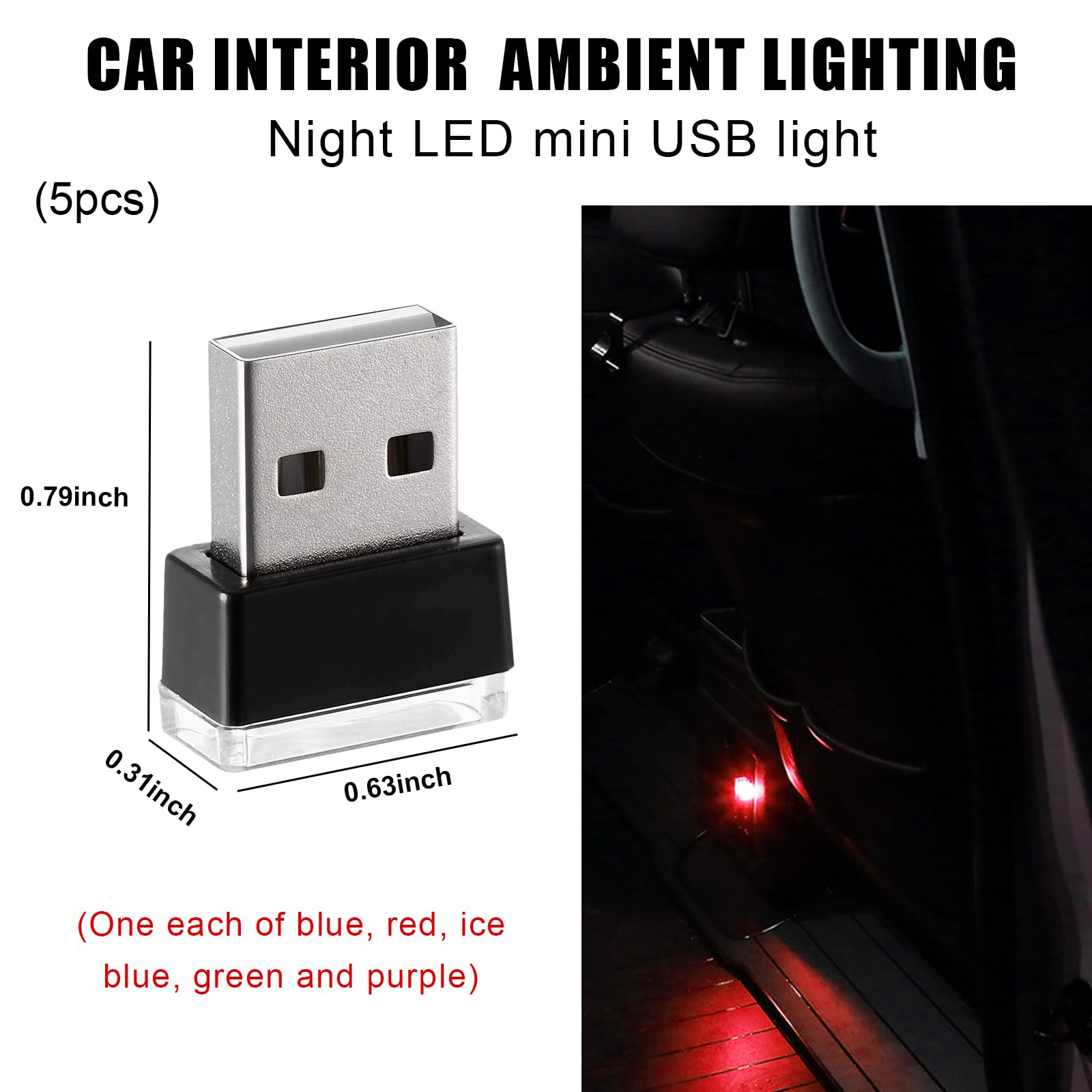 Sylvil 5 Pcs Usb Led Car Interior Atmosphere Lamp  Portable Mini Led Night Light  Plug-In Usb Interface Trunk Ambient Lighting Kit  Universal Interior Car Accessories (Blue+Red+Ice Blue+Green+Purple)