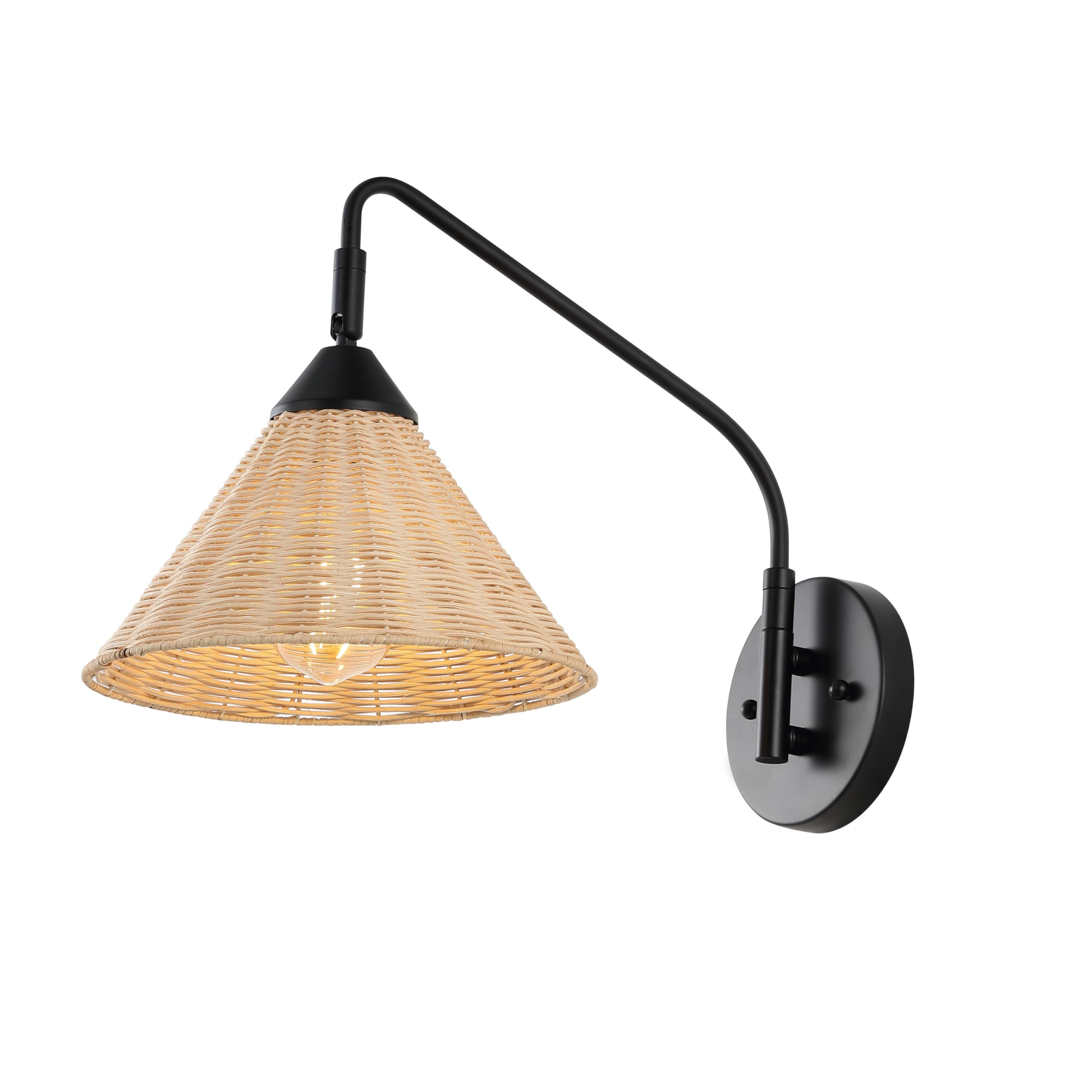 JONATHAN Y 11 Black and Natural 1-Light Rattan and Metal Swing Arm Wall Sconce, Vintage Coastal Wall Lamp with Pivoting Head for