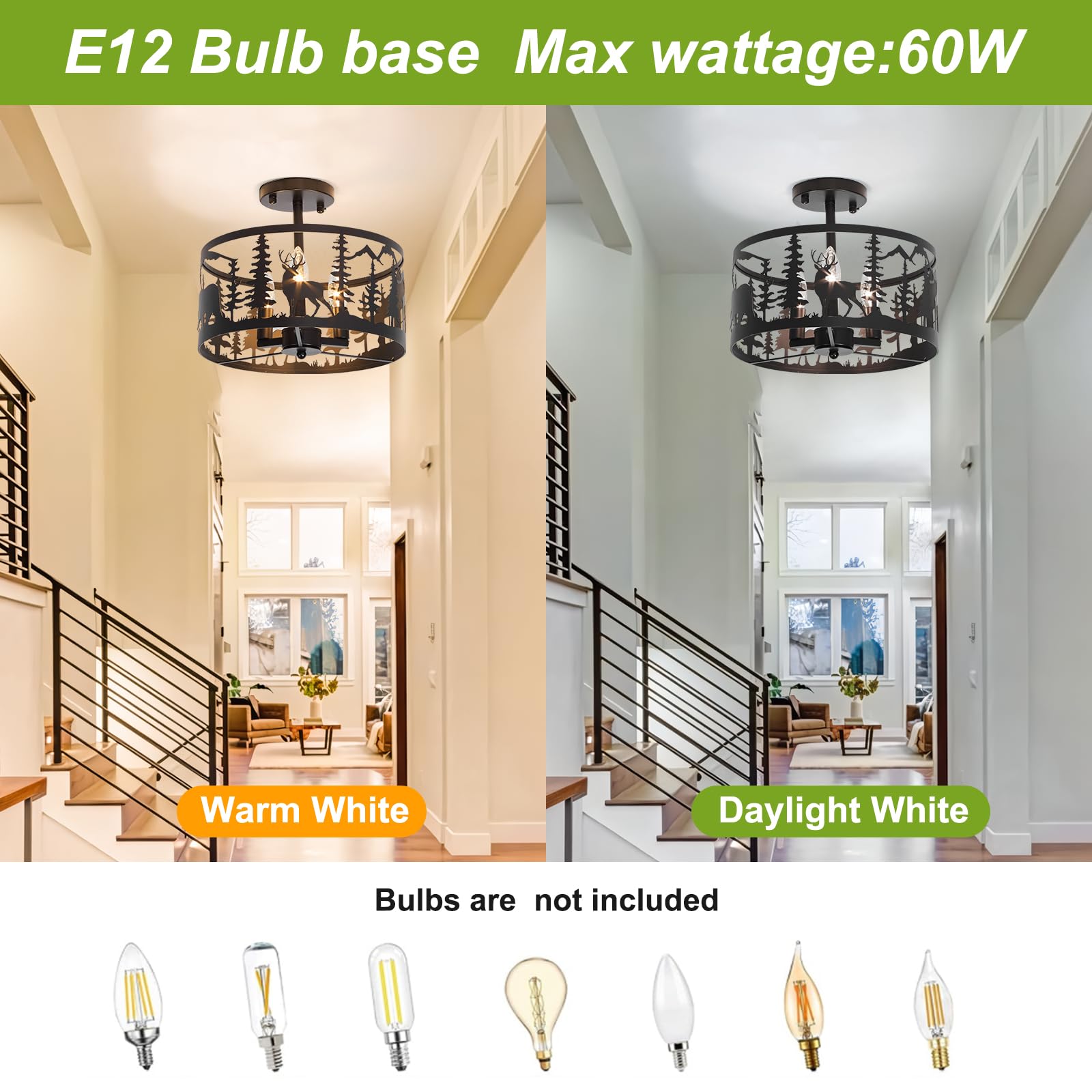 Monaxon Rustic Semi-Flush Mount Ceiling Light, 3-Light E12, Industrial Farmhouse Design