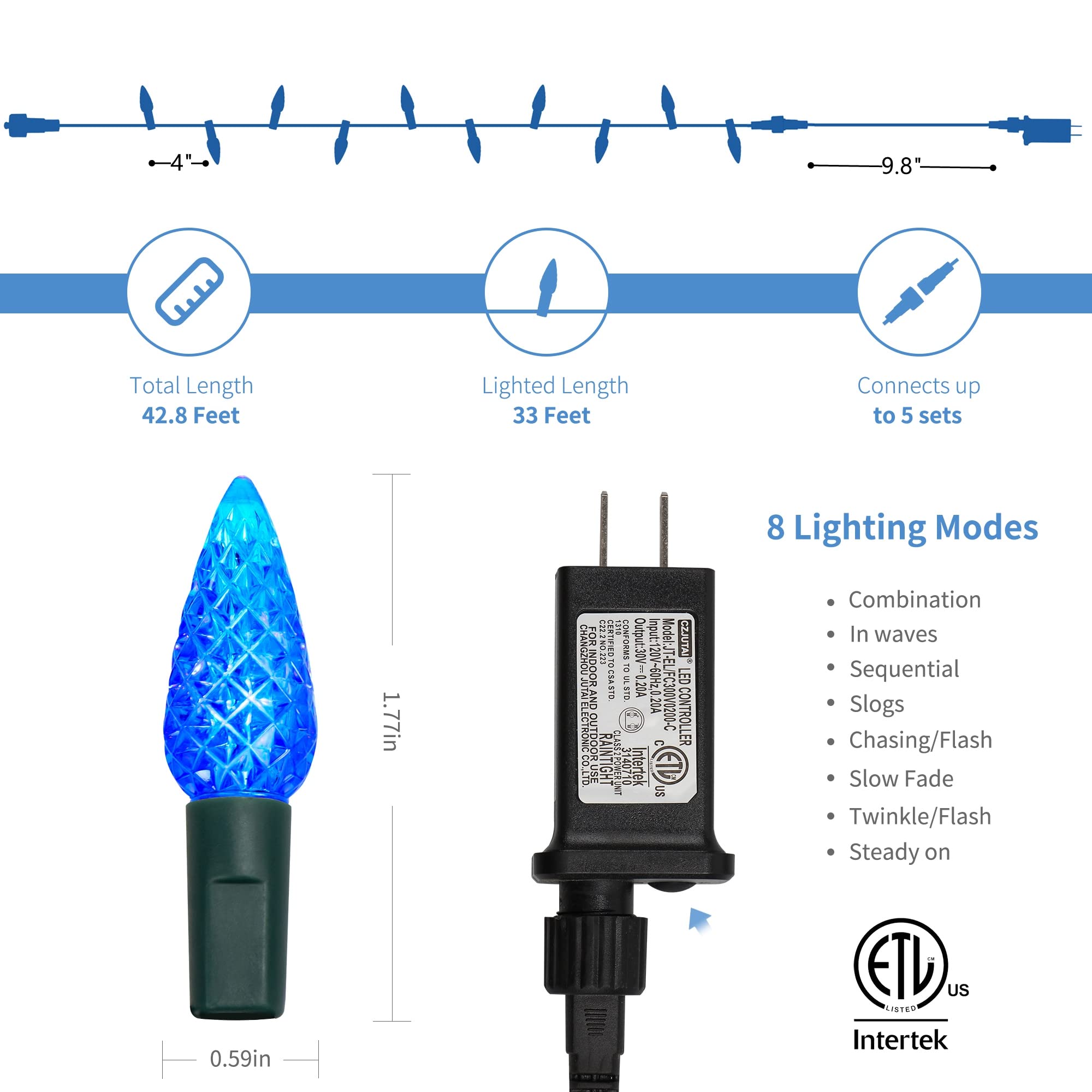 WATERGLIDE 33ft 100 LED Christmas Lights, Blue Faceted Fairy Lights with Green Wire, Waterproof for Indoor Outdoor Decor