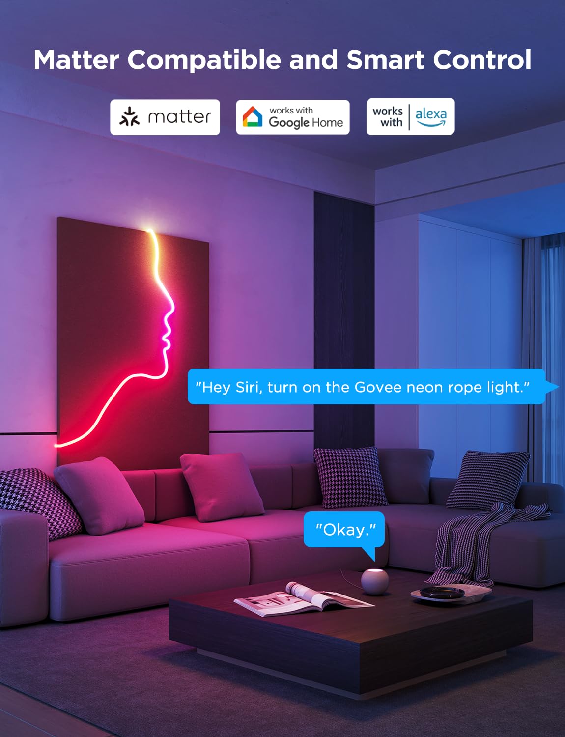 Govee Rgbic Neon Lights, Led Smart Neon Rope Light 2 Works With Matter, Alexa, Google Assistant, Custom Diy Neon Strip Lights For Bedroom And Wall Decor, Softer Material, 16.4Ft, White