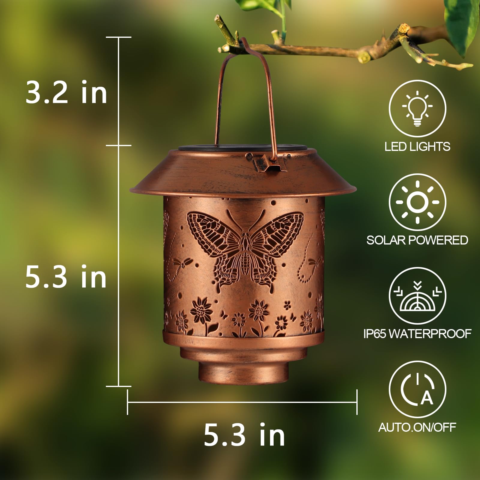 Yamodoor Outdoor Solar Lantern, Metal Butterfly Pattern, 5.5x5.5x5.9 in, Copper, Model MTD-105, Waterproof for Garden and Patio Decor