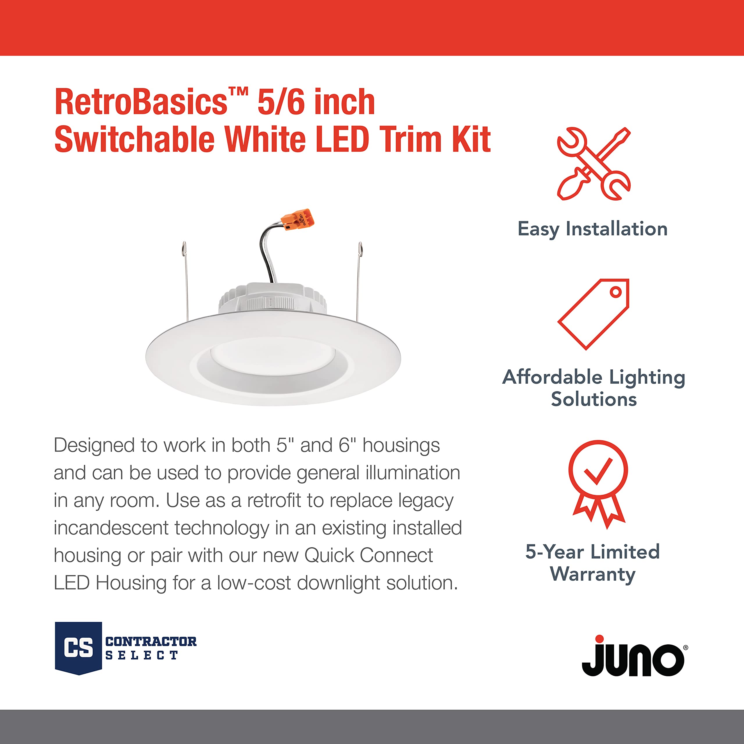 Juno Rb56S Sww5 Mw M6 Retrobasics Retrofit Led Downlight, Switchable, Matte White, 5 To 6 Inch