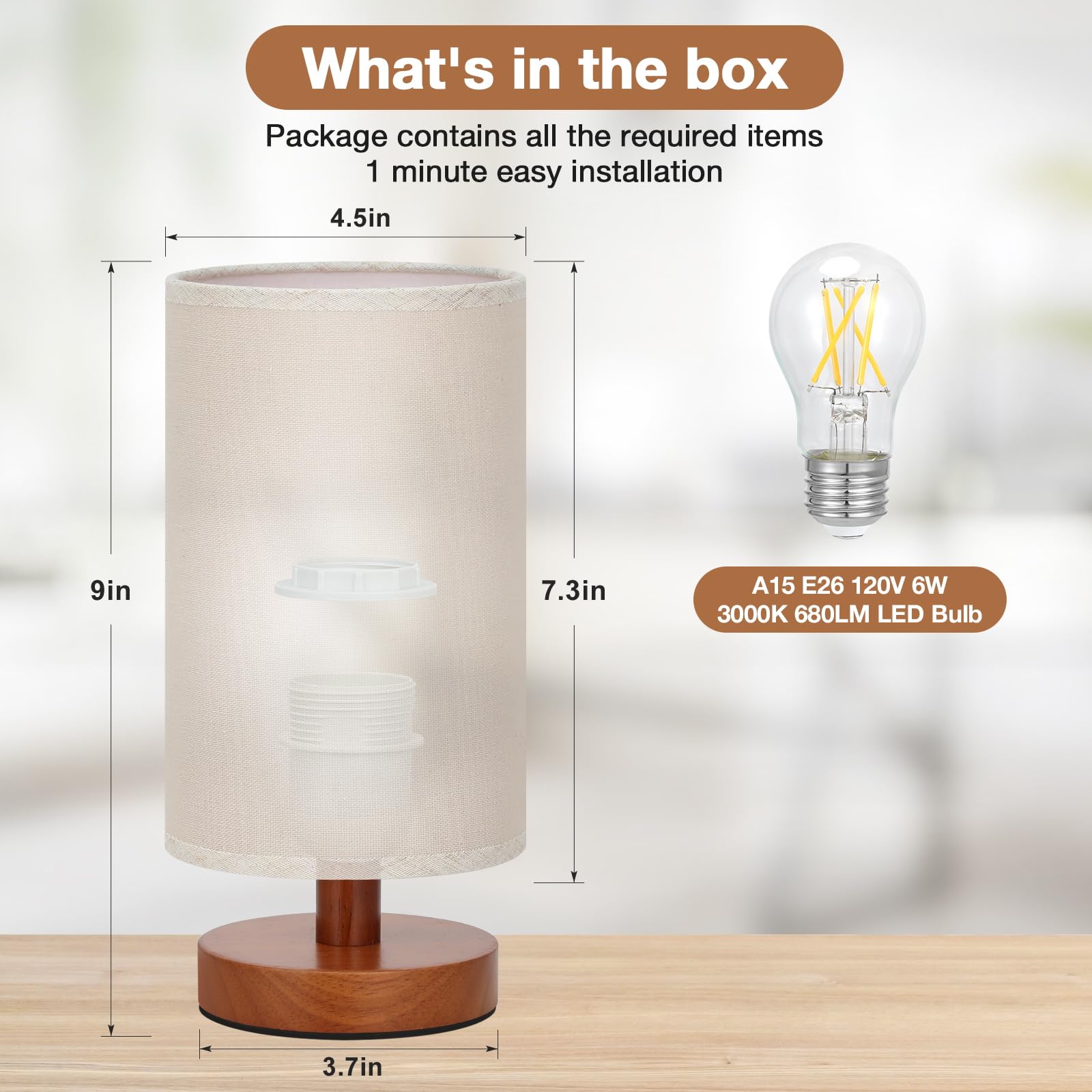 Fenmzee Small Table Lamp For Bedroom - Inline Control, Bedside Lamp With 3000K A15 Led Blub, Easy Assembly (Beige Shade - Walnut