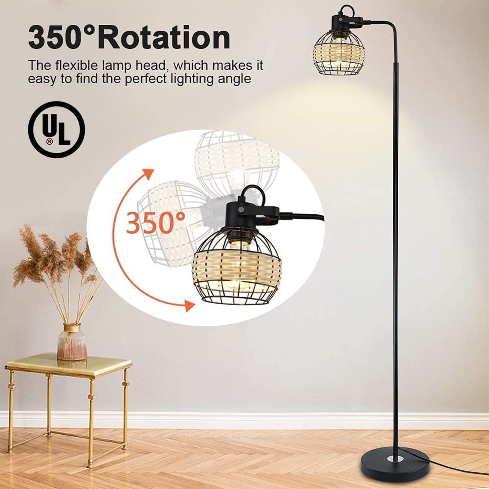 DINGLILIGHTING DLLT LED Floor Lamp, Adjustable Head, Rattan 1 Light, Metal Base, Model WS-MNF29-60B
