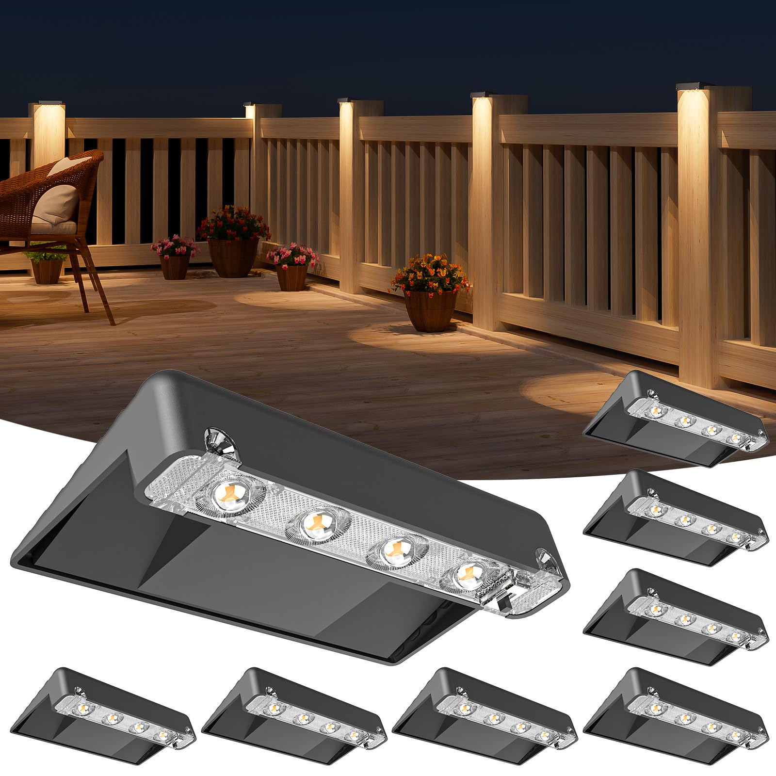 NIORSUN Solar Deck Lights, IP65 Waterproof LED Stair Lights, 8 Pack, Large Size, Black, Model HWL666-F