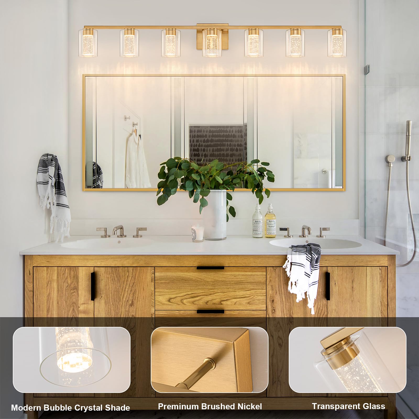 SineRise 7-Light Gold Vanity Light Fixture, Dimmable LED, Eye Protection, 3 Color Modes, Model 6936cca7, Stainless Steel
