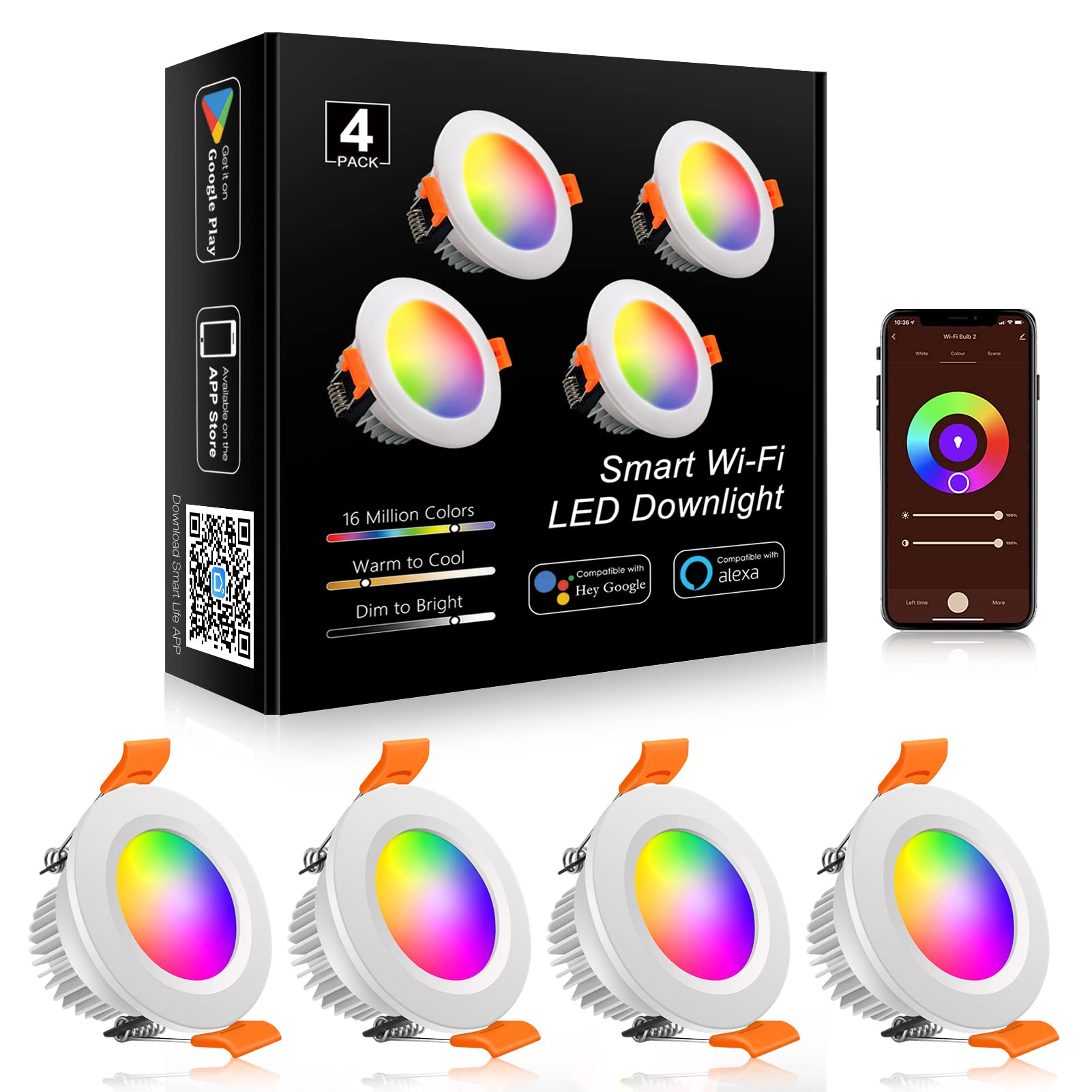 YGS-Tech Smart LED Recessed Lighting Downlight, RGB Color Changing, Dimmable, 5W, 4 Pack, Compatible with Alexa and Google Home