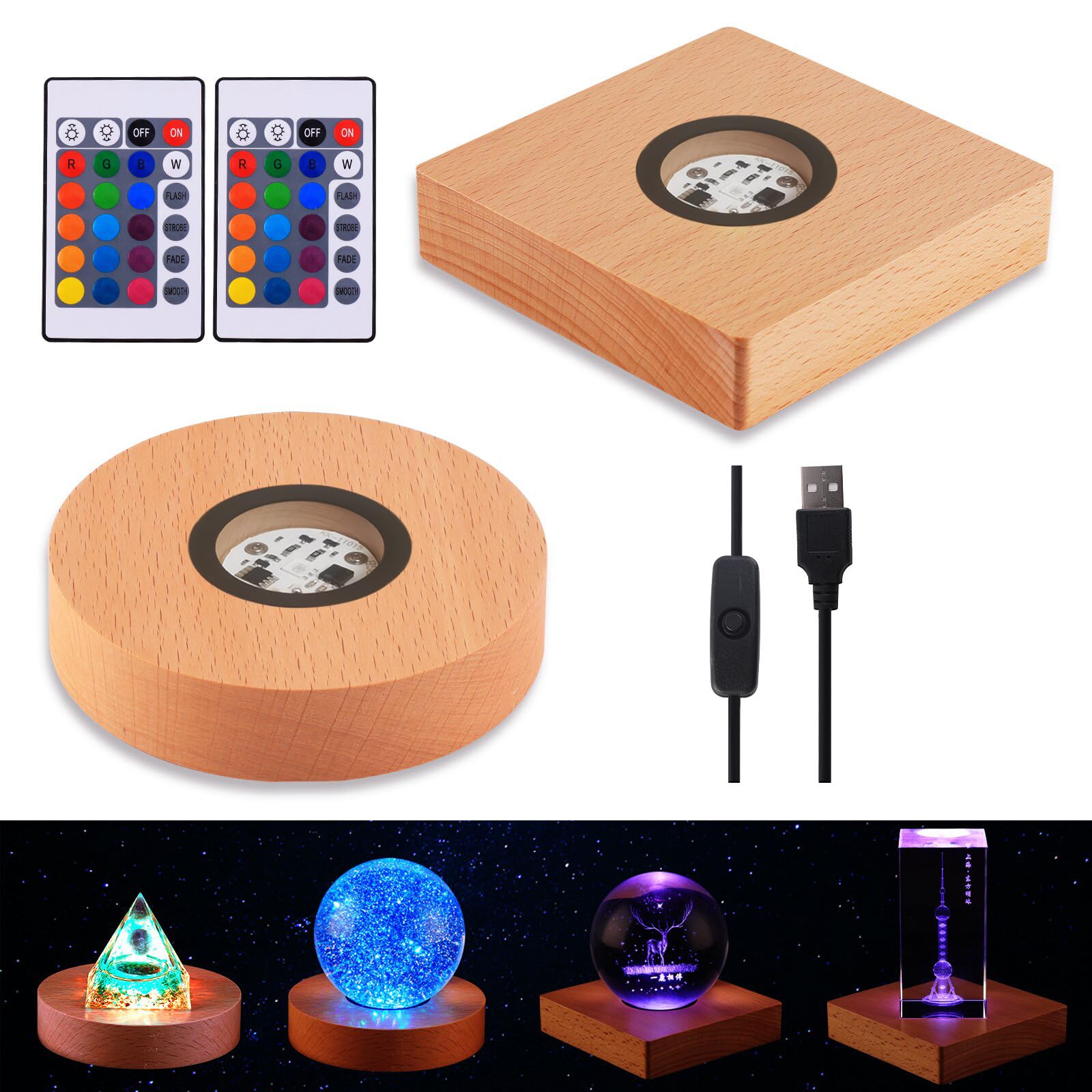 Myouke 4 Inch Led Light Base Display Base Lighted Display Stand,16 Colored Usb Light Table Light Base Wood Crystal Light Glass A