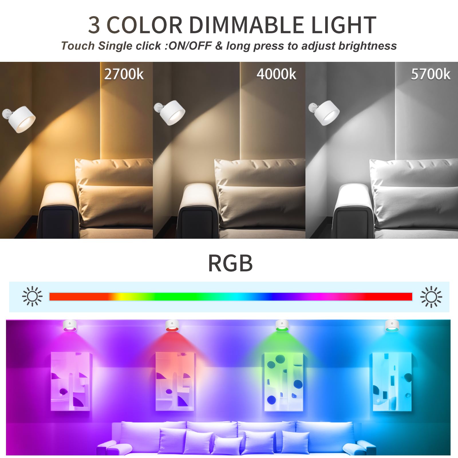 Adetu LED Wall Mounted Lights, Rechargeable, 3 Color Temperatures, White, 1 Pack, Model XYDBS01, Dimmable & Cordless