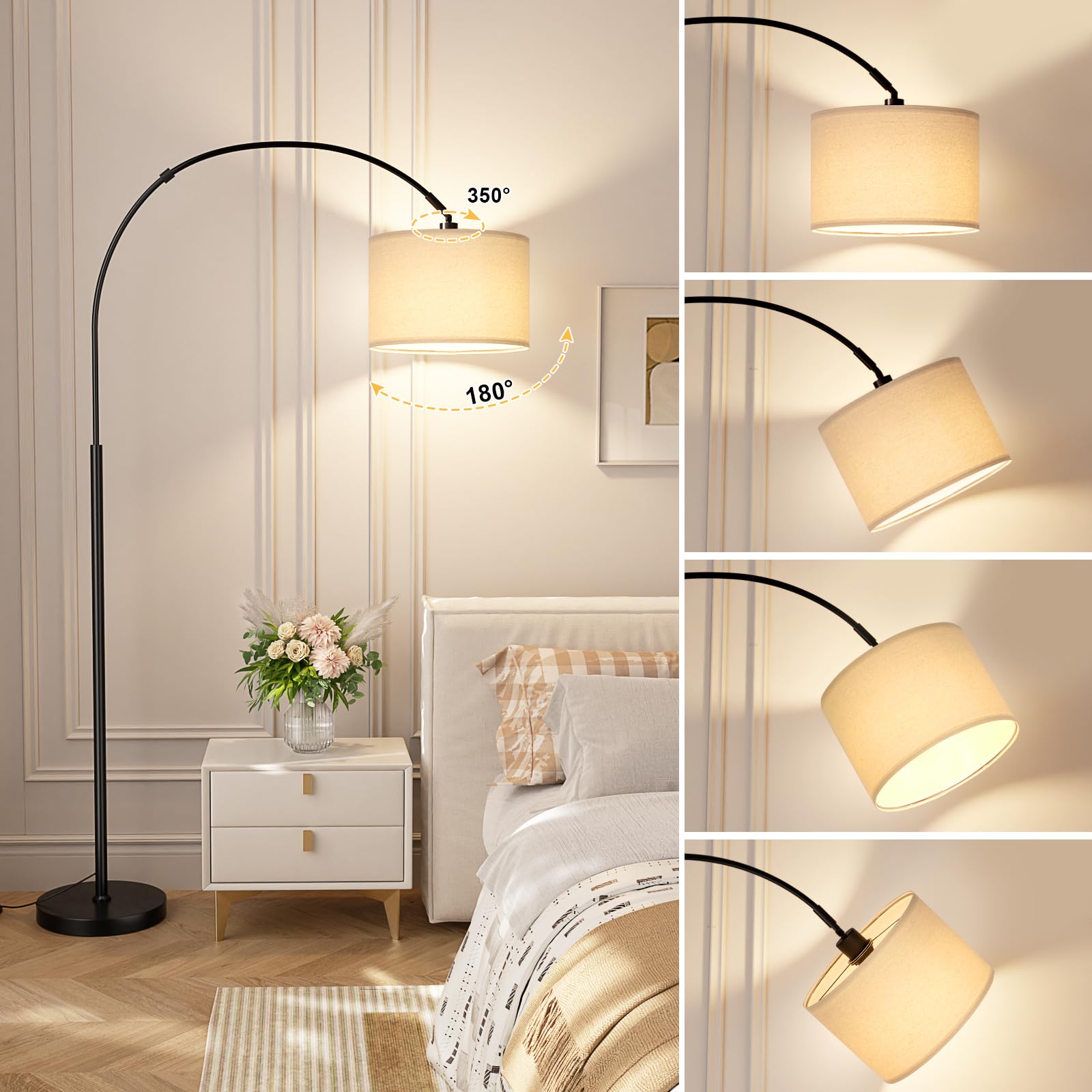 Ambimall 70" Dimmable Arc Floor Lamp with Remote, Adjustable Brightness & Color, Beige and Black Over Couch Reading Light